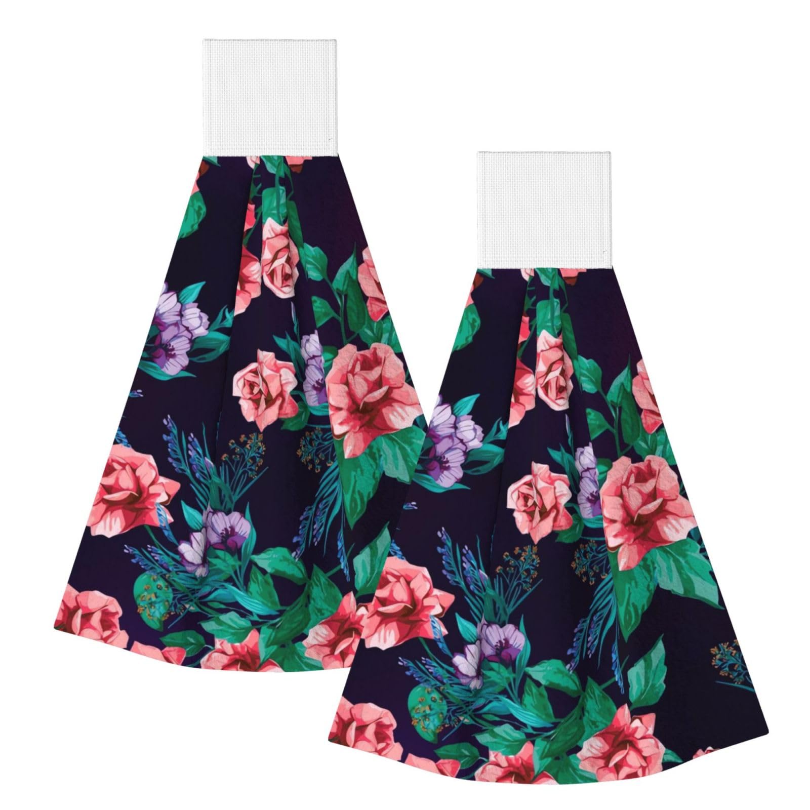 DOPKLNA Bright Flowers On Black, 2 Pcs Hanging Coral Fiber Hand Towels for Bathroom, Absorbent Kitchen Towels