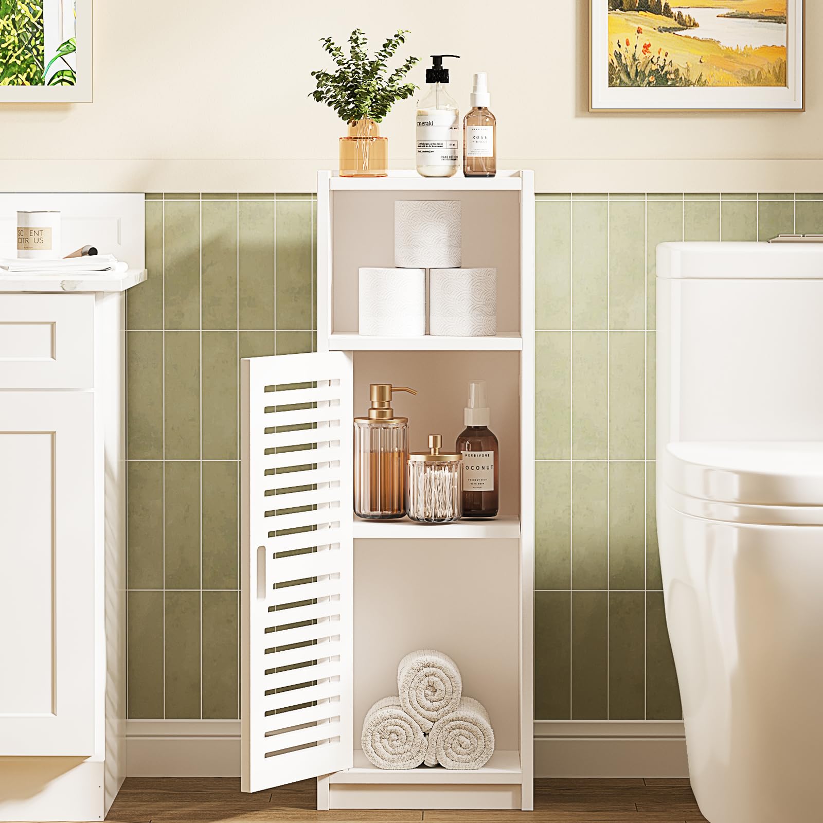 Dripex White Bathroom Floor Cabinet 3 Tier, 25W x 22D x 80H cm, Free Standing Shelf Unit, Storage Cabinet with Door for Bathroom or Bedroom (Big Door)