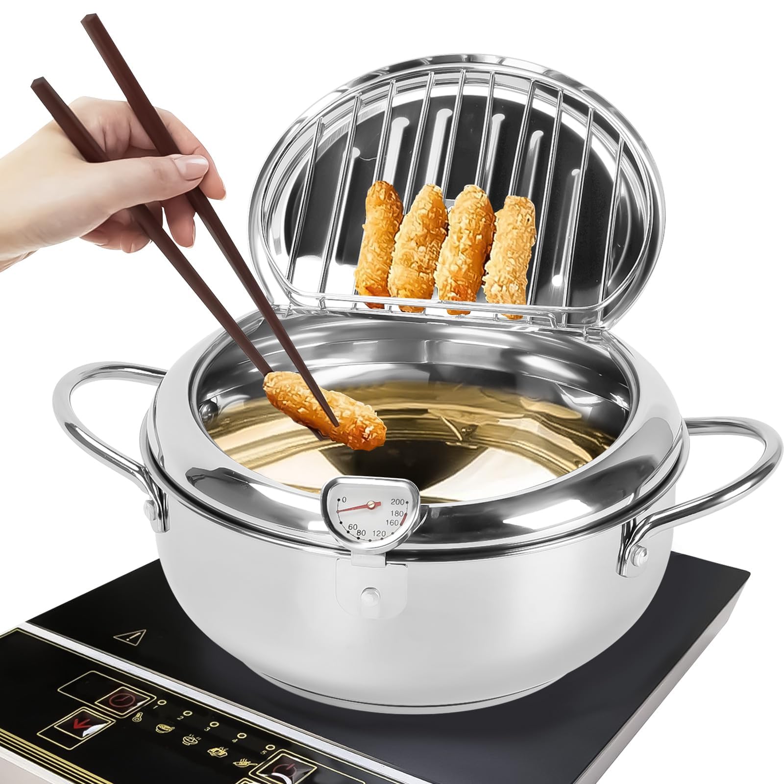 mumisuto Pentola per Friggere, Pentola per Friggere in Stile Giapponese, Friggitrice in Acciaio Inossidabile con Termometro e Coperchio per Friggere, Pollo Francese, Pesce Secco (Argento, 24cm)