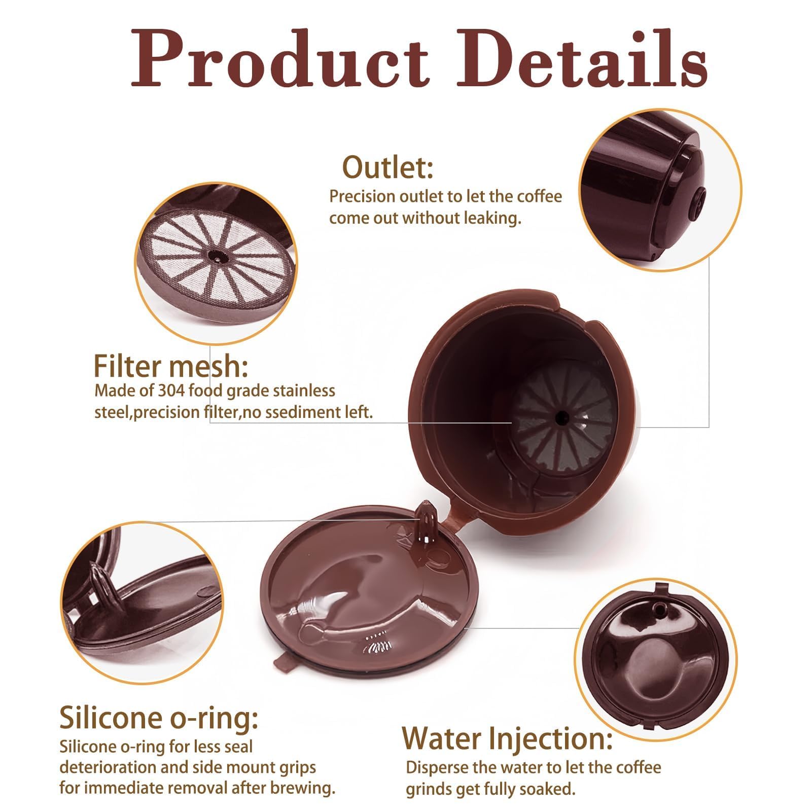 6 kapsułek do kawy wielokrotnego użytku, kapsułki wielokrotnego użytku, do Dolce Gusto, kapsułki wielokrotnego użytku, do Dolce Gusto, ekologiczne napełnianie, 2 szczotki do czyszczenia i 2 łyżki