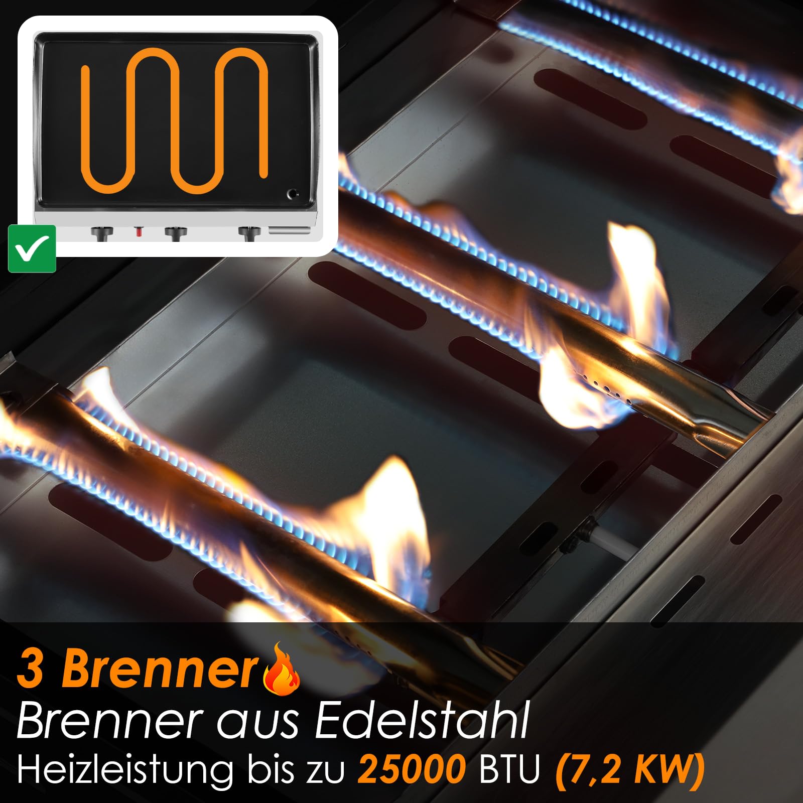 LIFERUN Gas Plancha Grillplatte,Kompakt Tischgasgrill,3 Brenner Gasgrill Edelstahl(7,2 KW (25000 BTU),Keramische Lackbeschichtung Grillfläche,Tragbarer Balkon Camping Picknick BBQ Grill(Butan/Propan)