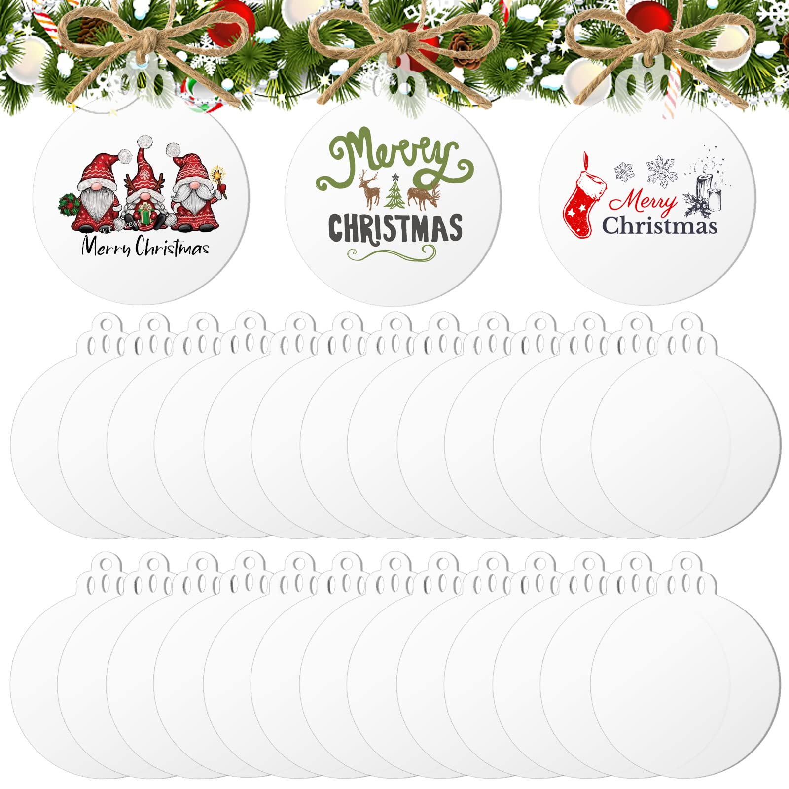 24Pcs Acrylic Christmas Ornament 3 Inch Blank Transparent Acrylic Disc Acrylic DIY Blank Clear Christmas Acrylic Ornament with Hole for DIY Craft, Holiday