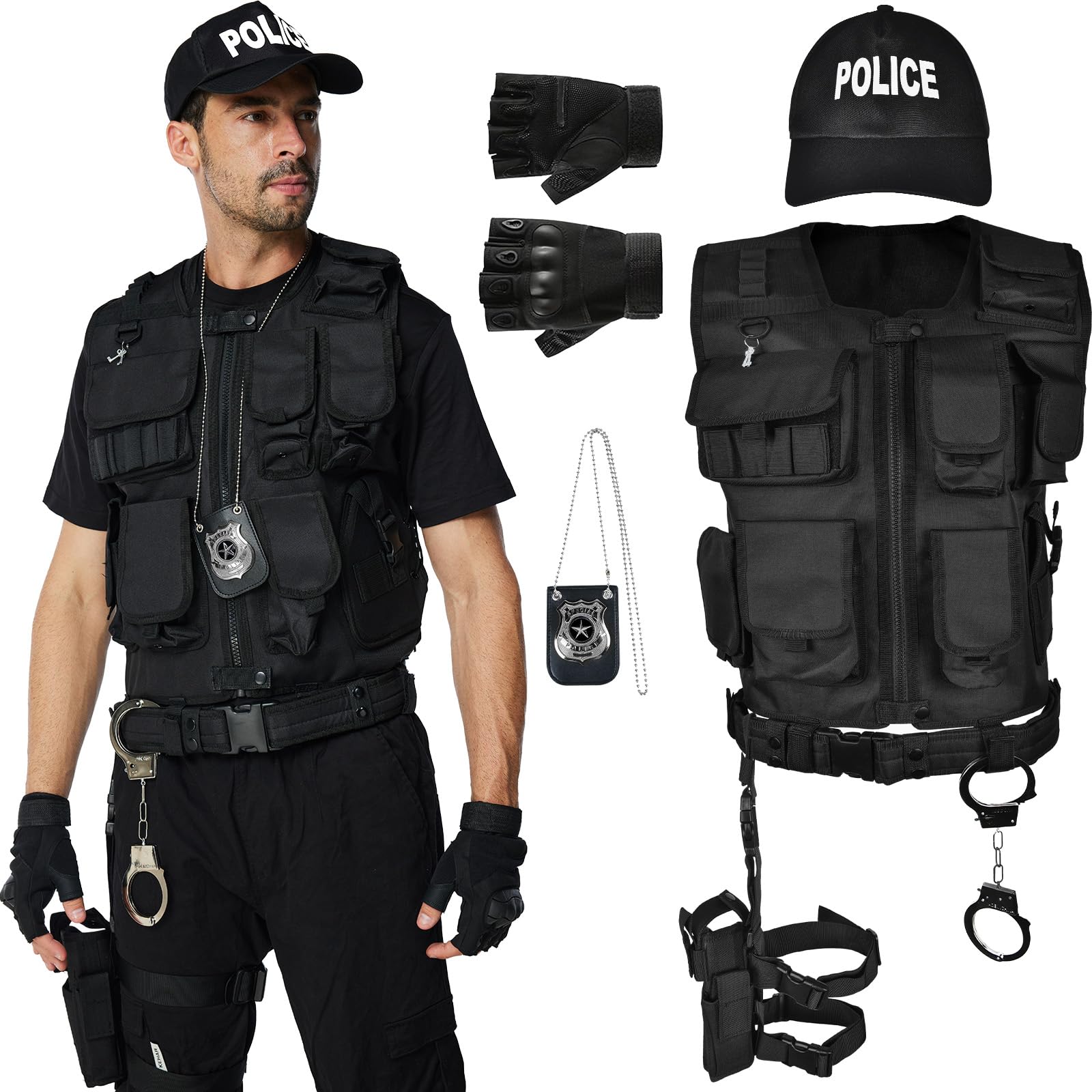 Ulikey Chaleco SWAT Adulto, Disfraz de Chaleco SWAT Policía Adulto, Guantes, Cinturón, Placa de Policía Disfraz de para Hombre Halloween Carnaval Fiesta de Disfraces Cosplay