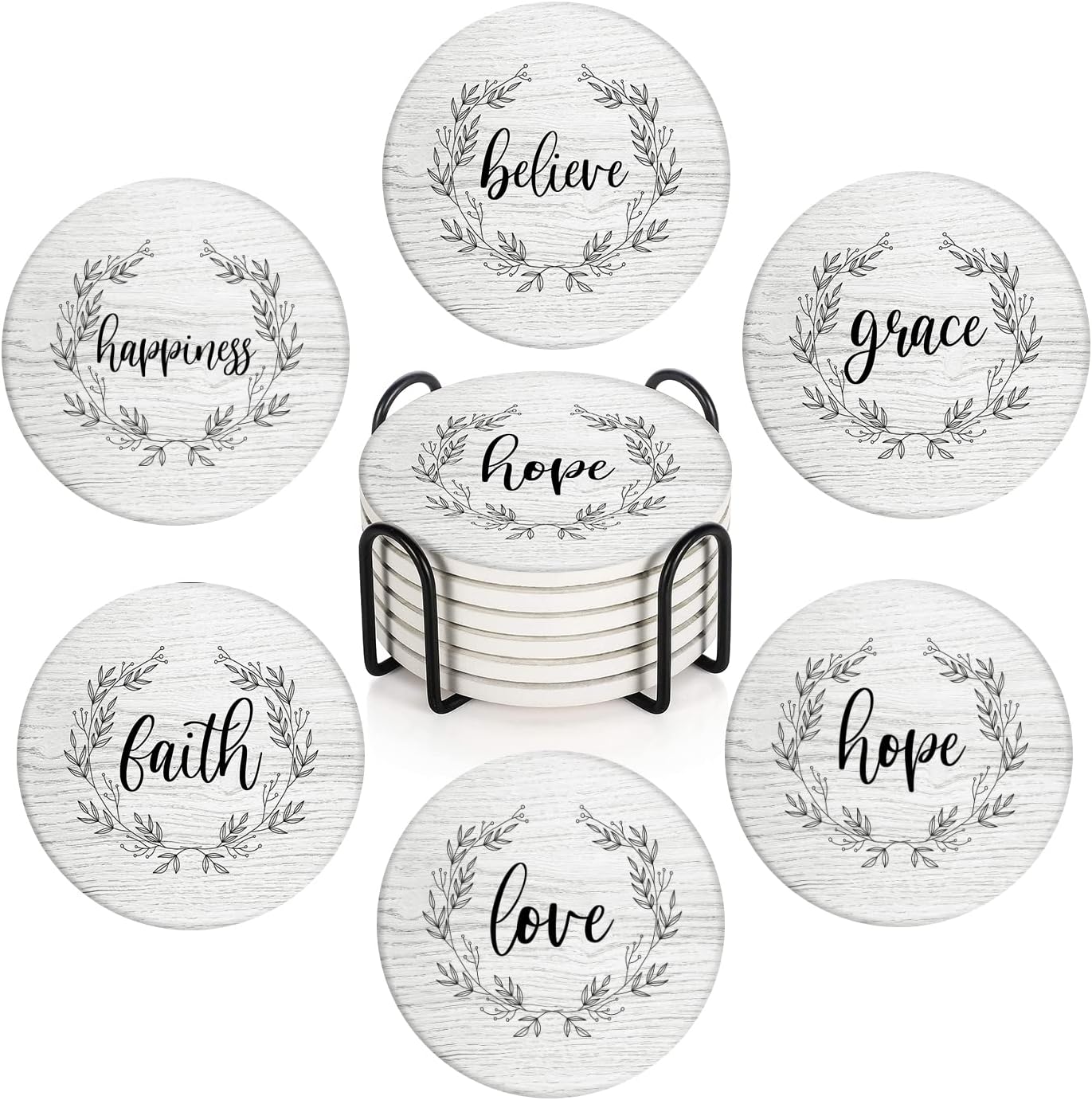 Britimes Coaster for Drinks Set of 6, White Wood Inspirational Love Wreath Absorbent Round Ceramic Stone Mat, with Cork Base and Metal Holder, Gift for Housewarming Room Bar Decor