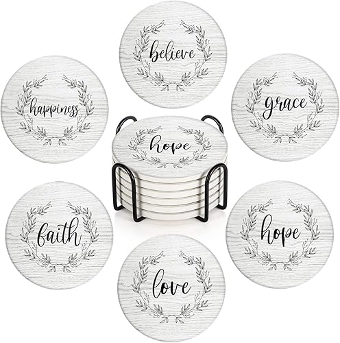 Britimes Juego de 6 posavasos para bebidas, diseño de corona de amor inspiradora de madera blanca, tapete redondo absorbente de piedra de cerámica,