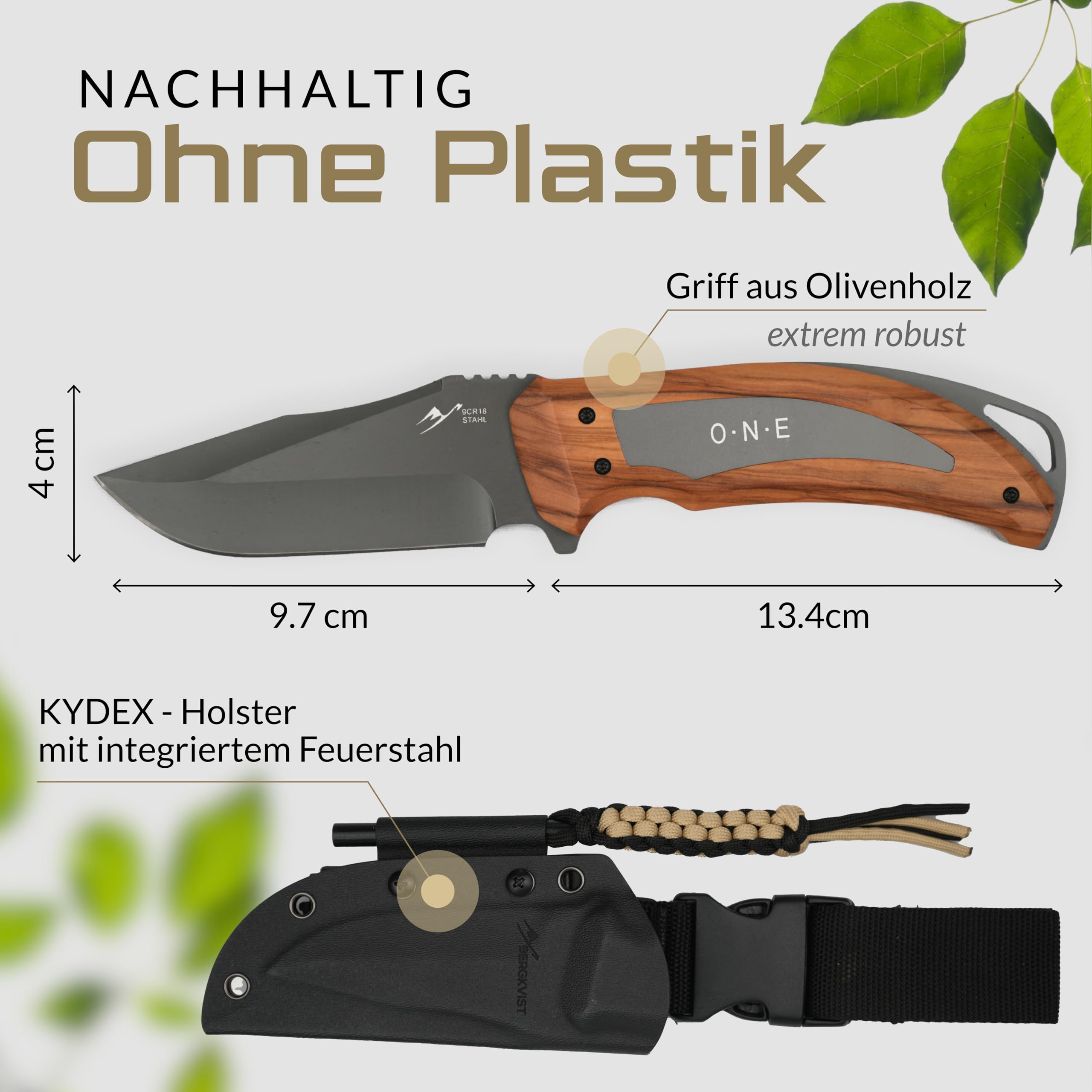 BERGKVIST® Bushcraft nóż ONE ze stałym ostrzem Full Tang (9,7 cm) – dopuszczony do przewożenia w Niemczech – nóż survivalowy do użytku na zewnątrz z uchwytem z prawdziwego drewna, kaburą, krzesiwem i