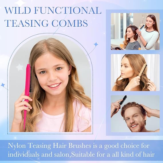 Yaomiao 6 Pcs Teasing Brush Set, 3 Row Nylon Rat Tail Combs for Fine Hair, Back Combing, Root Lifting, Scalp Massage, Hair Brushes for Women Salon Home Use(Black, Blue, Rose Red, Yellow)