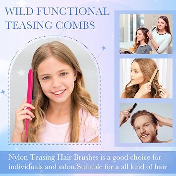 Yaomiao 6 Pcs Teasing Brush Set, 3 Row Nylon Rat Tail Combs for Fine Hair, Back Combing, Root Lifting, Scalp Massage, Hair Brushes for Women Salon Home Use(Black, Blue, Rose Red, Yellow)