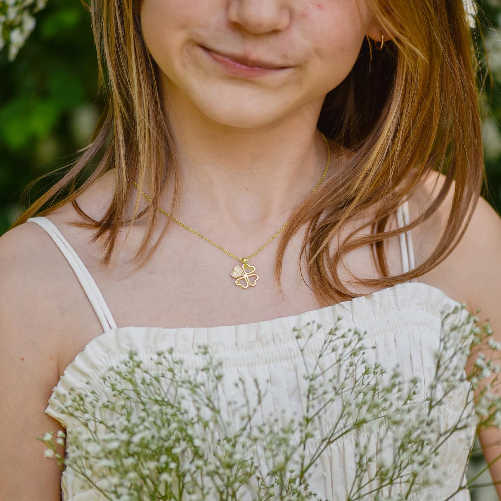 Amoonìc Kleeblatt Kette Mädchen Silber 925 und Gold/Rosegold vergoldet | Glücksbringer Kinder Anhänger Glückskette Halskette Glück Herz, Kinderkette Schmuck Kinderschmuck Geschenk Geburtstag Tochter