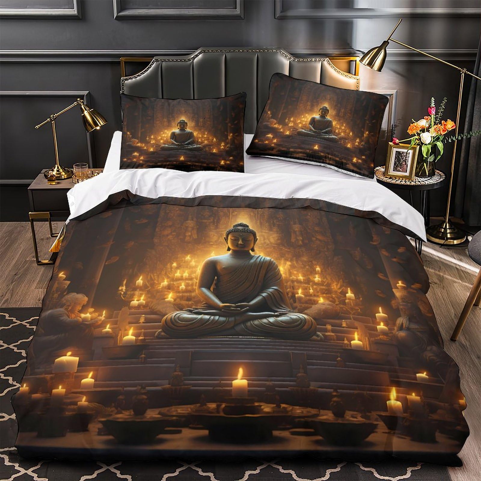 Housse de couette Bouddha anti-allergie pour lit double en microfibre douce
