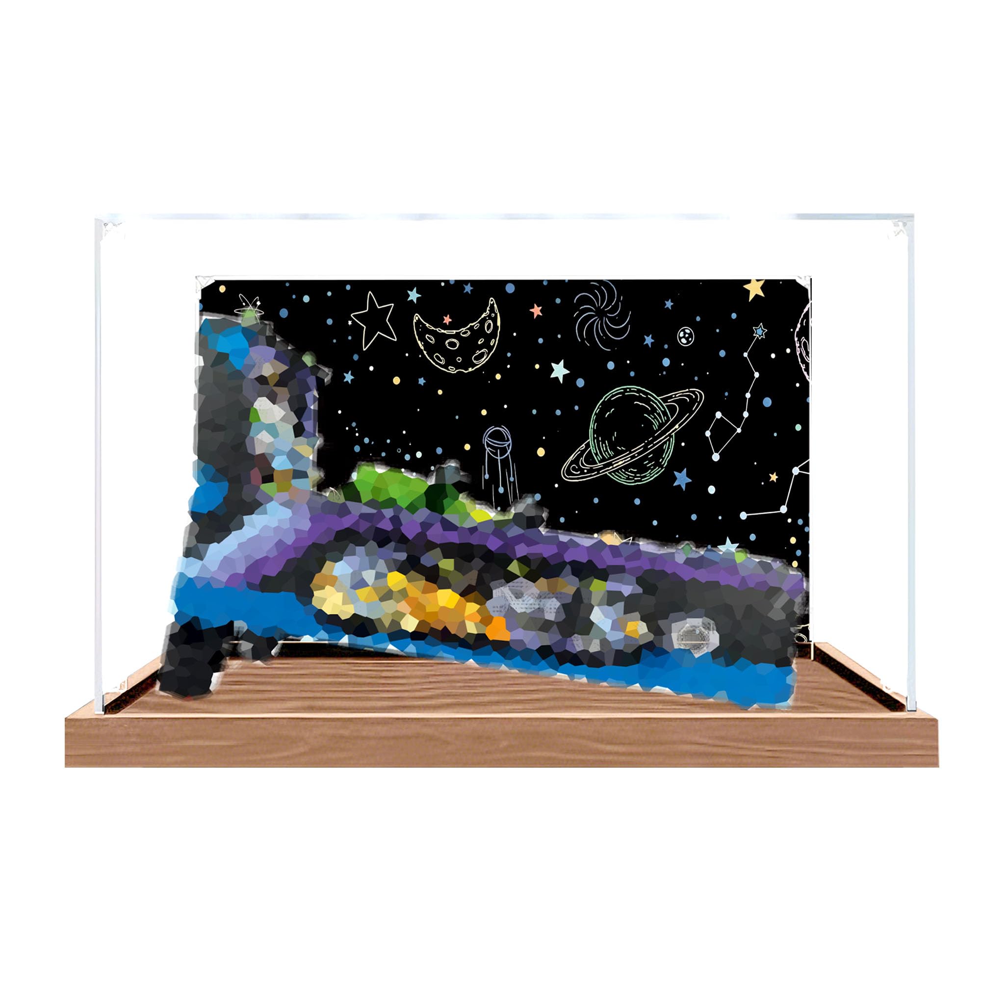 Acrylic Display Case for Le-go 11374 Space Pinball Machine Set,Clear Storage Box, Dustproof Protection Showcase (Display Box only, kit not Included) (Wooden background 2)