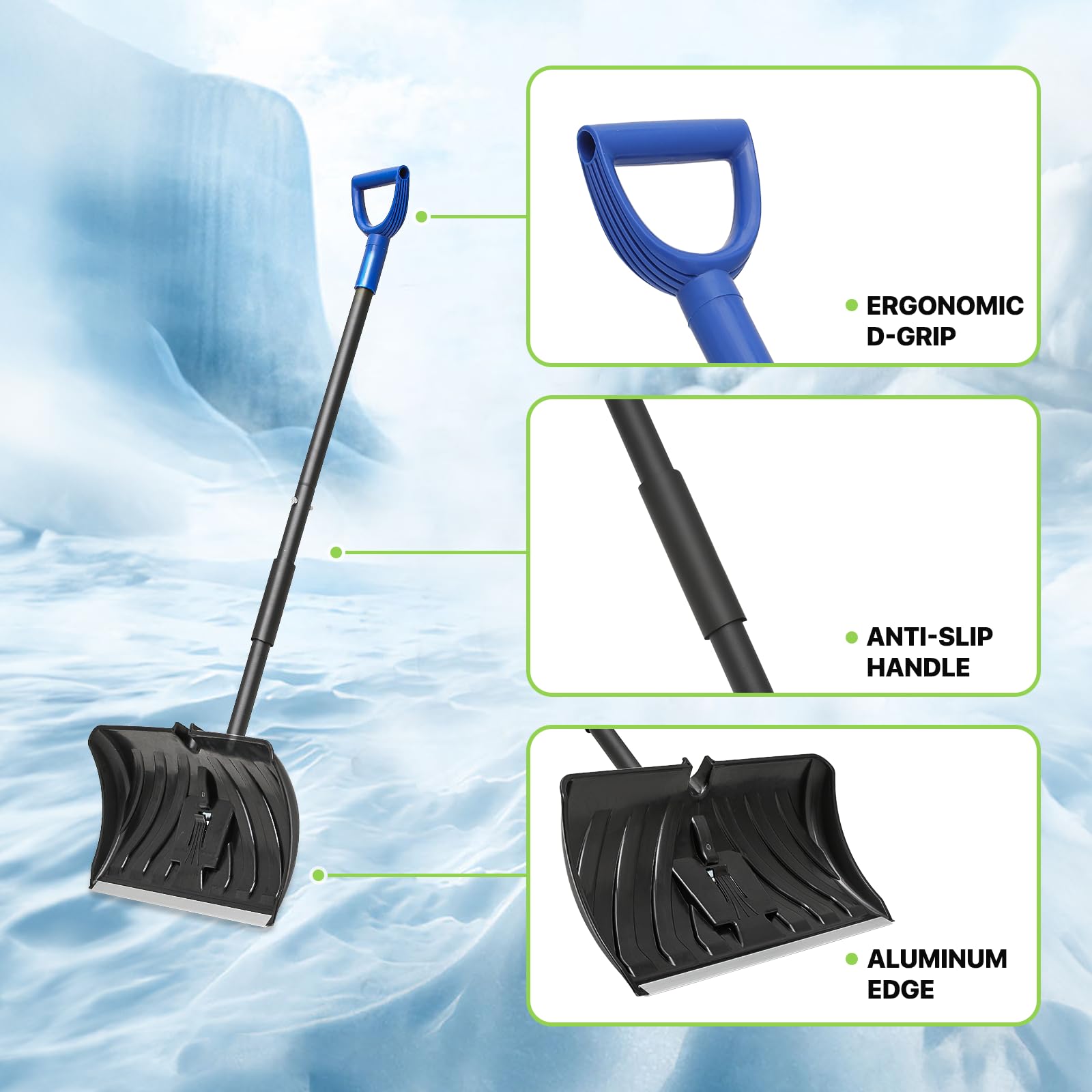 Magshion Combo de pala de nieve y empujador con mango en D, hoja de borde de aluminio de 22 pulgadas, pala de nieve portátil ligera de gran capacidad, color negro