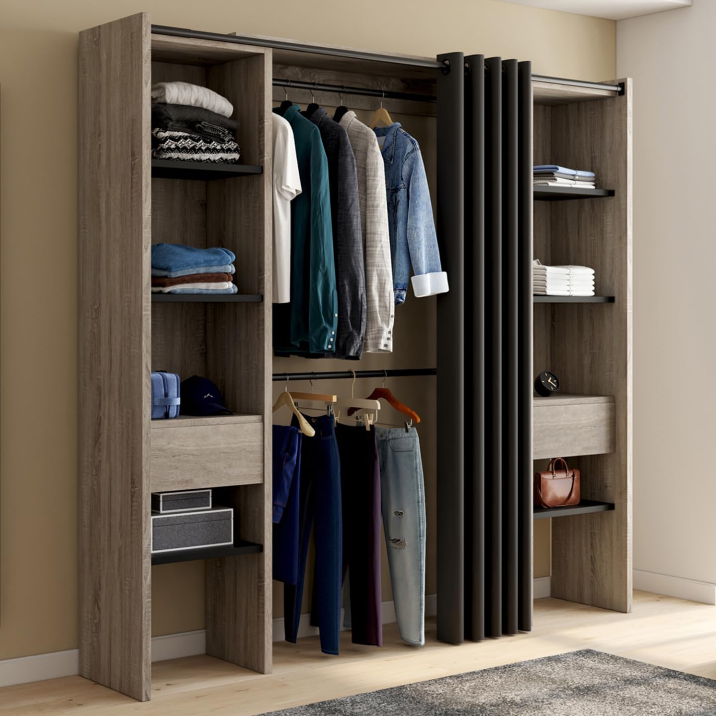 IDMarket - Dressing Extensible Double Meryl 120/180 x 50 x 180 cm hêtre avec étagères hêtre + Double penderie + Rideau Noir