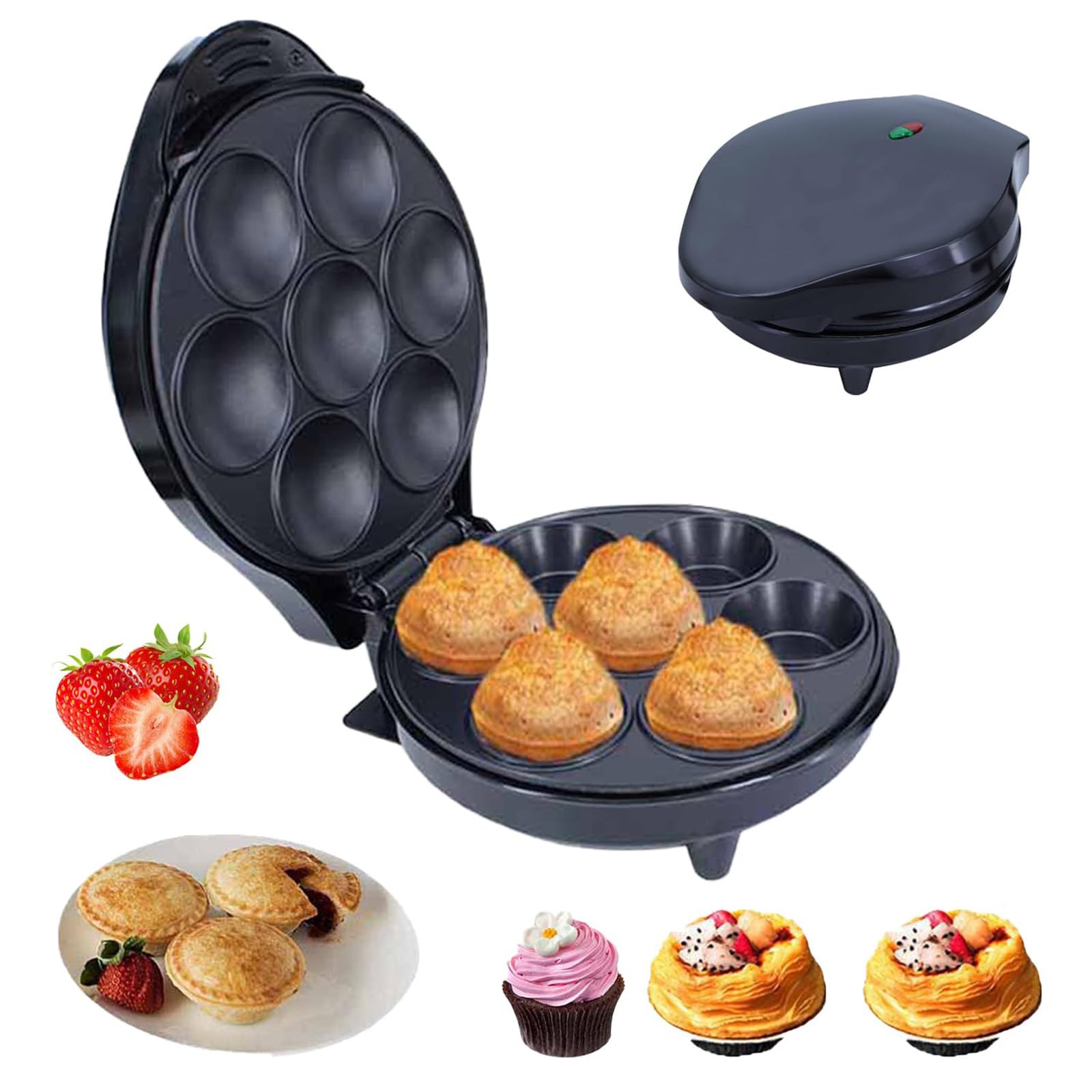Mini Elettro Quiche Maker Elettrico, 1200W Macchina per Cupcake Domestica Antiaderente Cuoce con Lampada LED e Piedini Antiscivolo Riscaldamento Doppia Faccia per Colazioni e Snack a Misura di Bambino