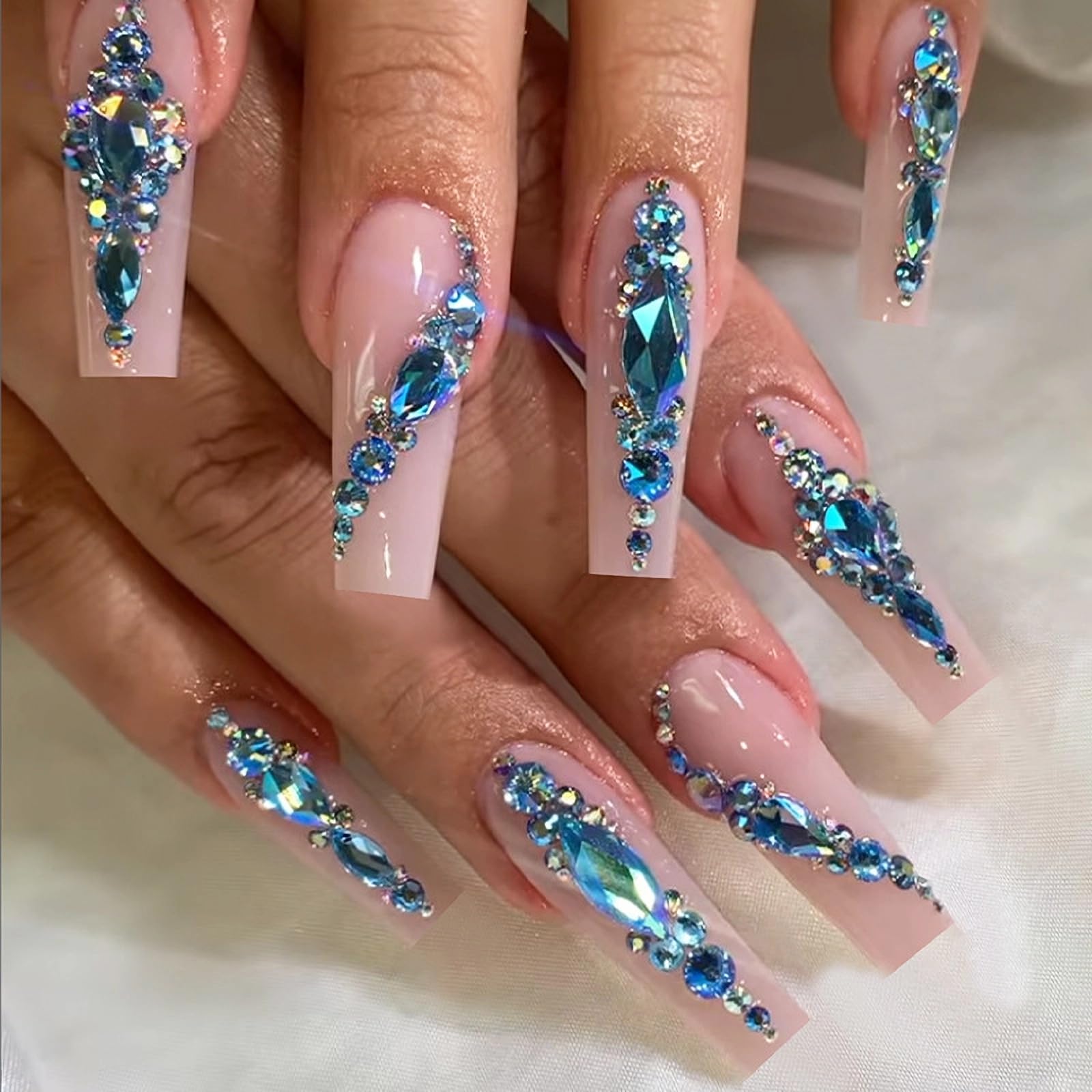 MISUD Press on Nails - Long Square Fake Nails with Nude Pink, Acrylic Blue Rhinestone Design 24 pcs