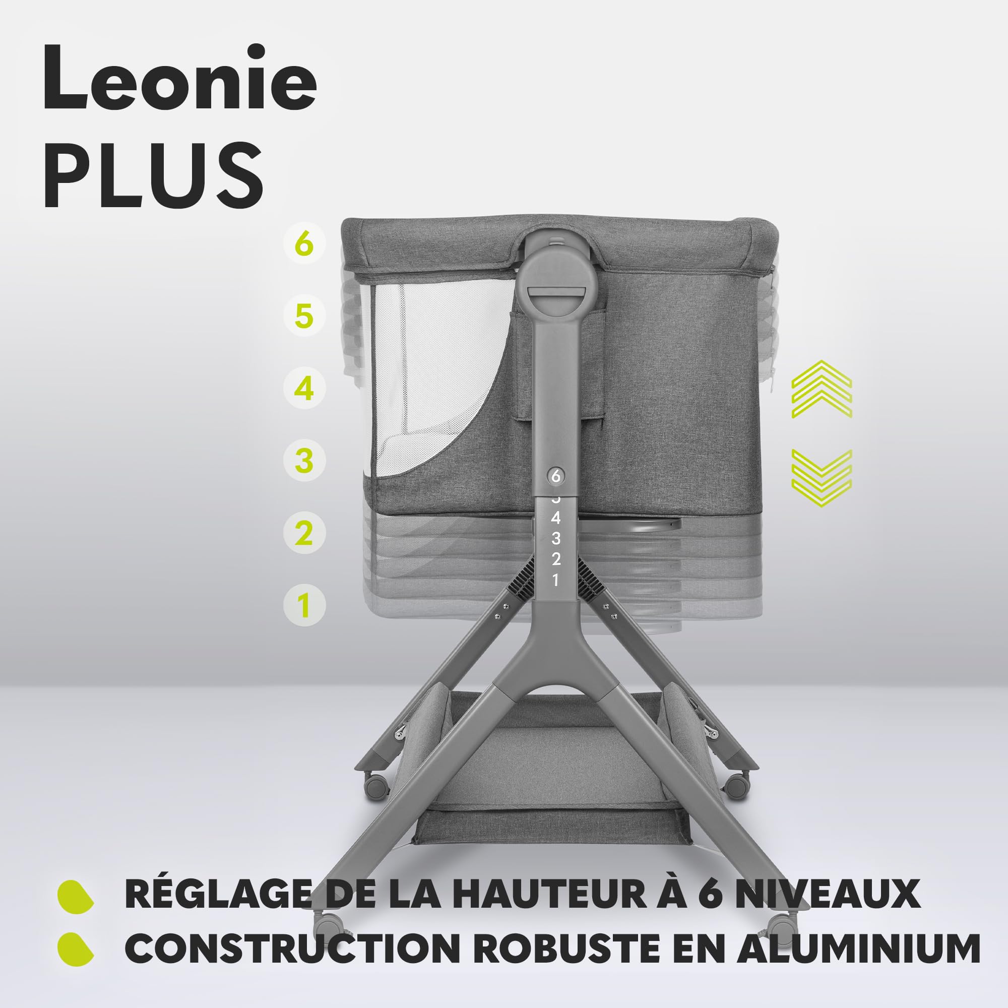 lionelo Leonie Plus Lit Bébé 3 en 1 Jusqu’à 9kg, Cododo et Berceau, Hauteur Réglable, Parois Aérées, Côté Amovible, Grand Panier