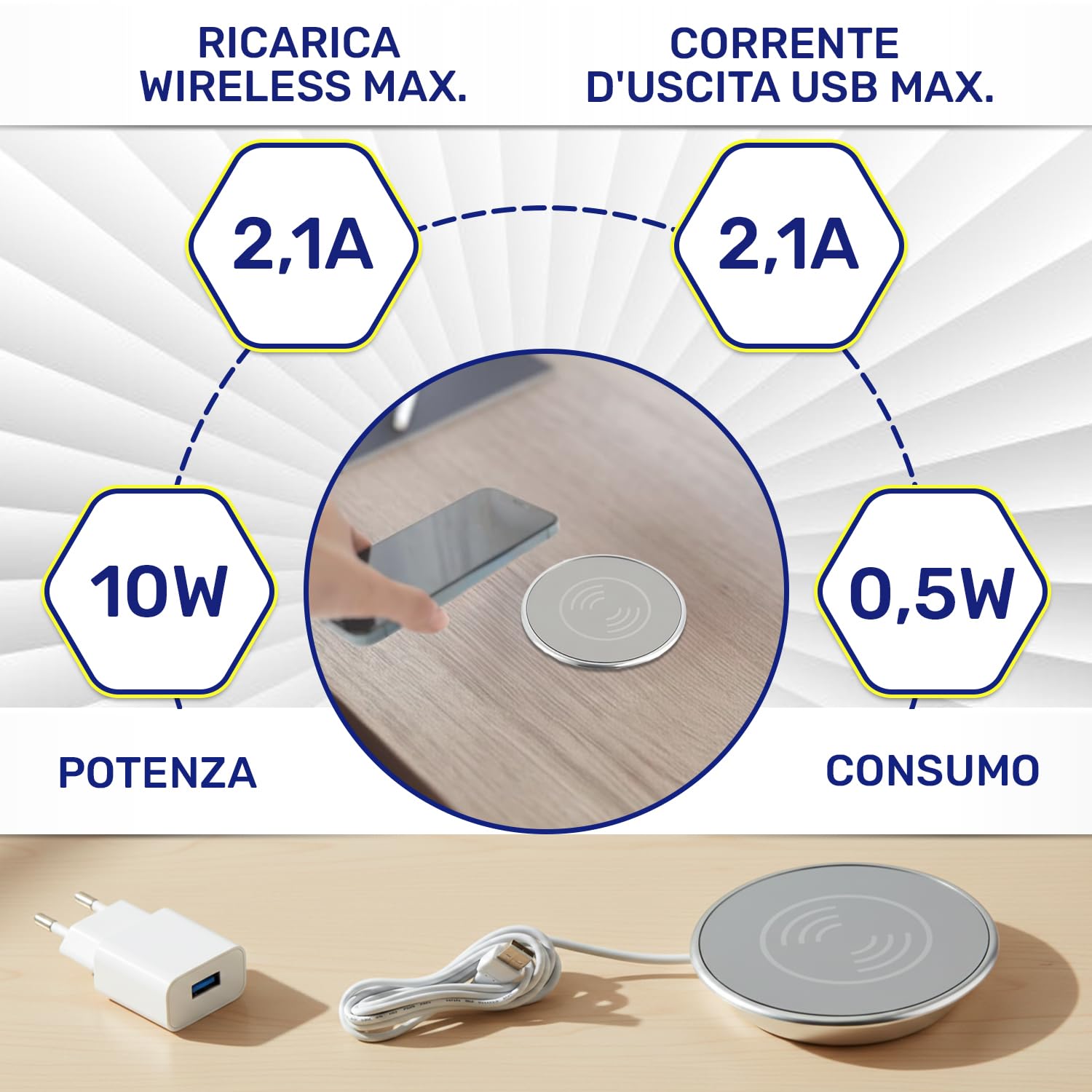 Caricatore Wireless per Smartphone Integrato Tavolo 10W 220–240V