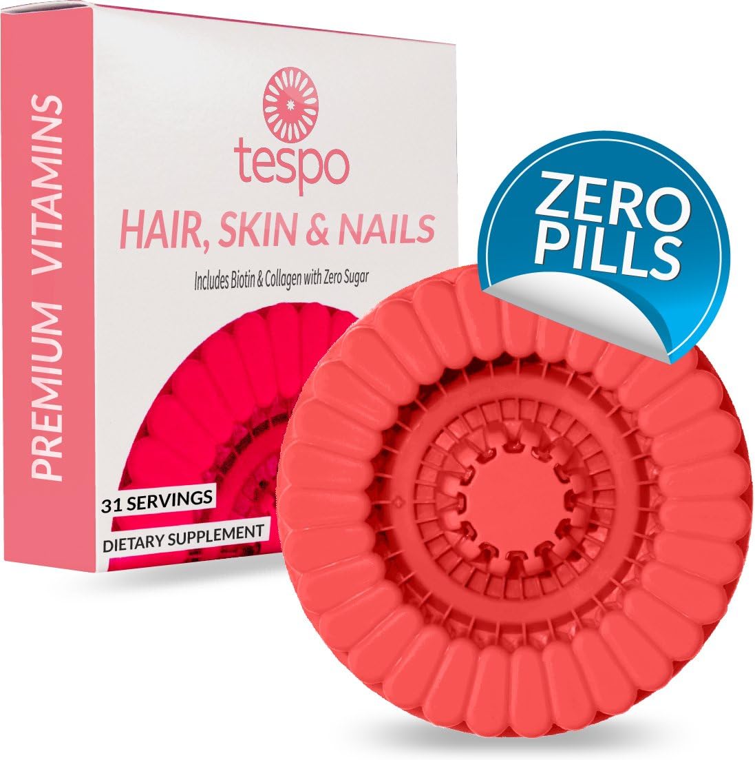 Tespo Hair, Skin and Nails Vitamin Pod | Biotin, L-Methylfolate, Collagen, DMAE | Supplement for Women and Men to Mix and Drink | Zero Pills | 31 Liquid Servings per Pod | Natural Strawberry Flavor