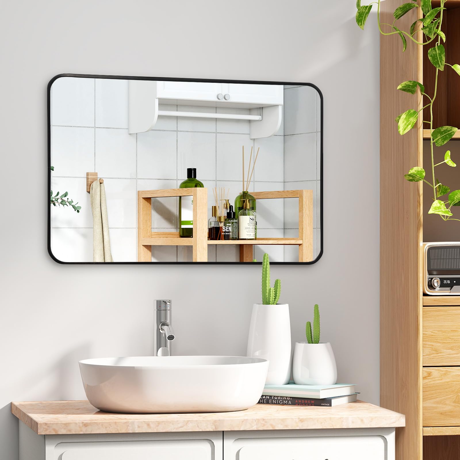 CROWNSHOP Rectangle Wall Mirror with White Aluminum Frame 100x70cm HD Glass & Rounded Corners, Vertical/Horizontal Hanging for Bathroom, Living Room, Hallway
