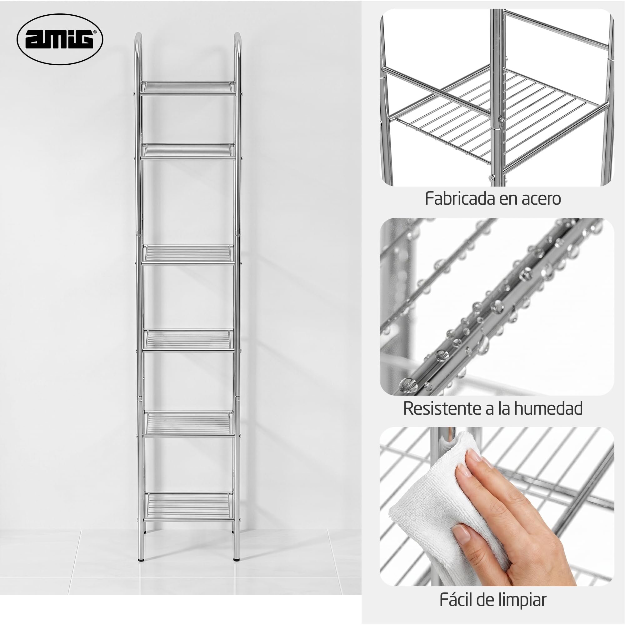 Amig - Estantería de baño Mod. Brisa - 6 Alturas - Fabricado en Acero - Color Plateado - con Patas Ajustables - para Espacios pequeños - 32 x 28 x 168 cm
