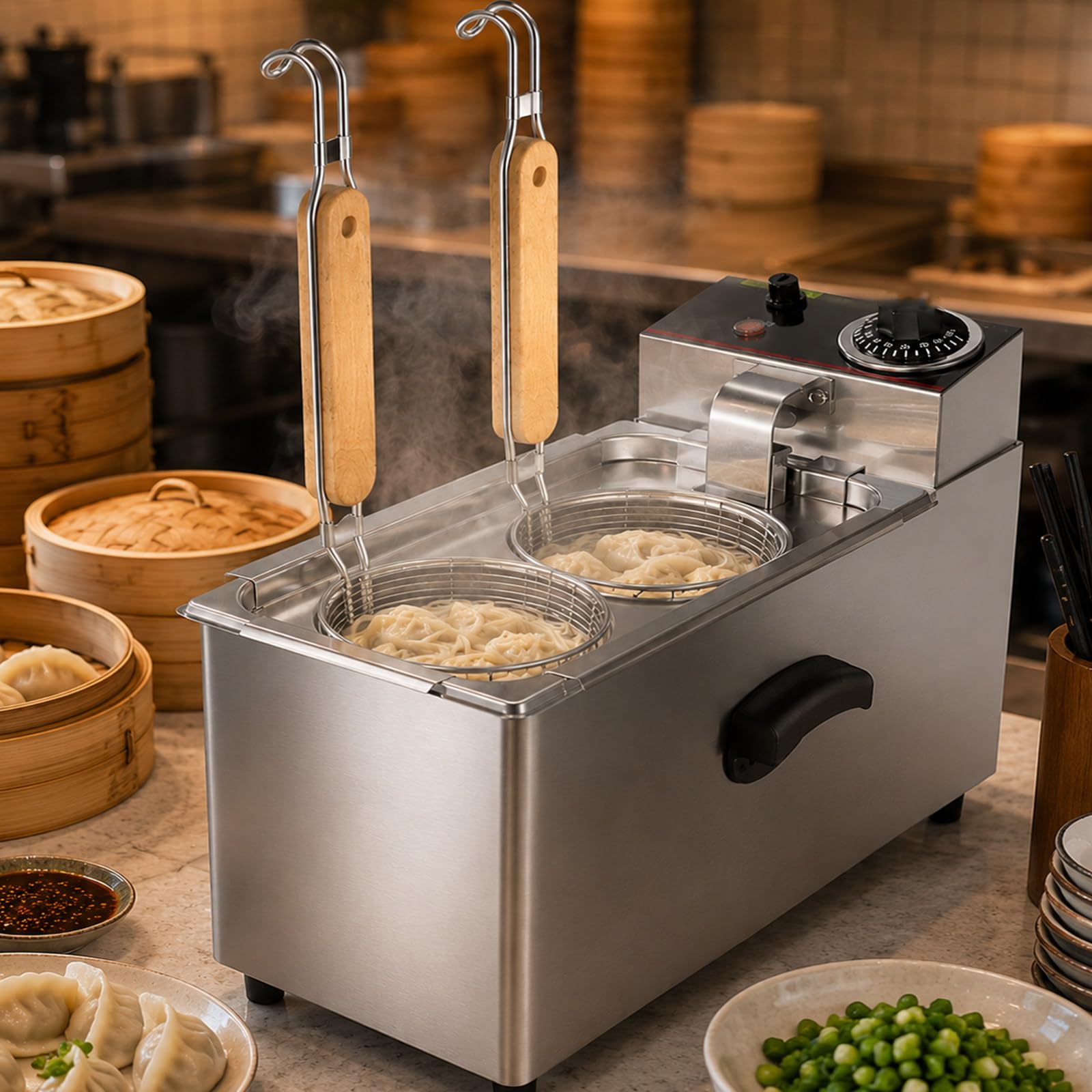 Cuocipasta Elettrico,Macchina Bollitore per Noodle Commerciale a 2Cestelli | Controllo Regolabile 30-110°C ed Elemento 2kW Offrono Riscaldamento Rapido per Pasta, Noodle e Verdure.