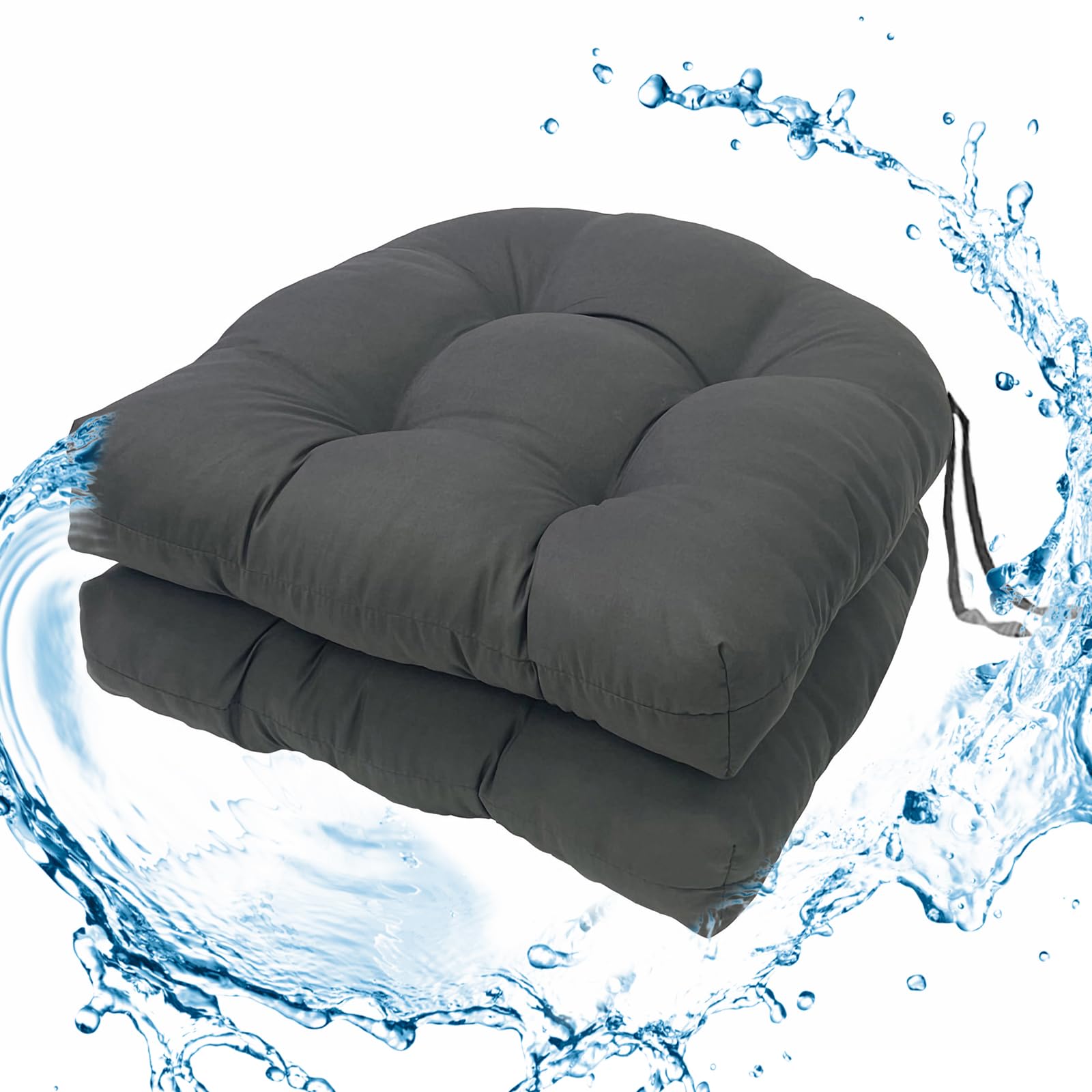 Wadser Outdoor Chair Cushions Set, 2 Pcs Seat Cushions with Ties Waterproof Chair Pads, Patio Wicker Tufted Cushions 19"x19"x3.9", Dark Grey