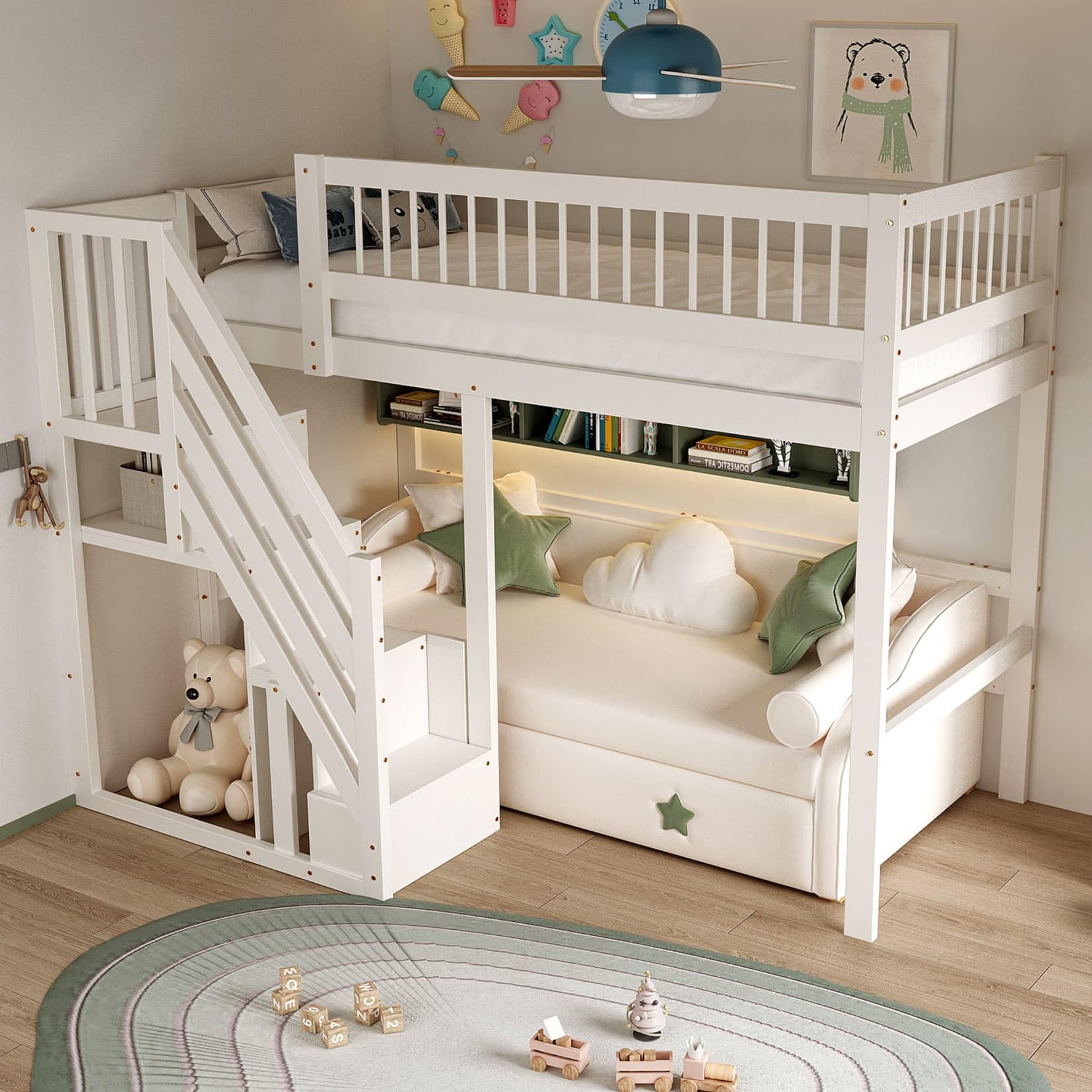 PUGSDRLY Lit Mezzanine 1 Place,Lit Mezzanine Enfant 90x200cm avec Escalier de Rangement et Petite Armoire,pour Adolescent,Design de Clôture Haute,Cadre de Bois Massif (Blanc-A, 90x200)