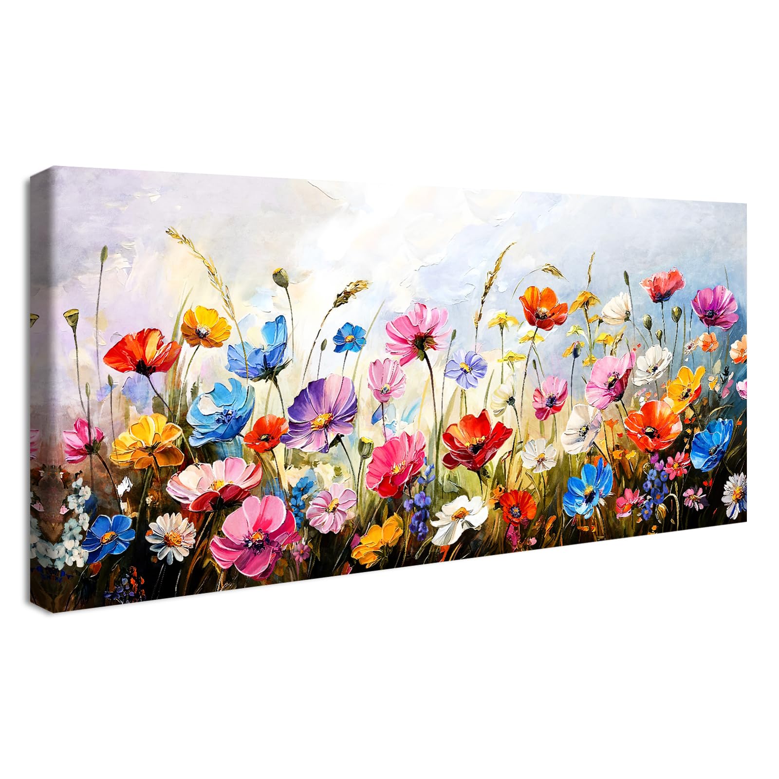 Wooden Framed Large Canvas Wall Art Blue Sky Daisy Flowers Painting on Canvas Prints Poster Colorful Flower Sea Pictures for Living Room Bedroom Restaurant Abstract Aesthetic Wall Decor 50x120cm