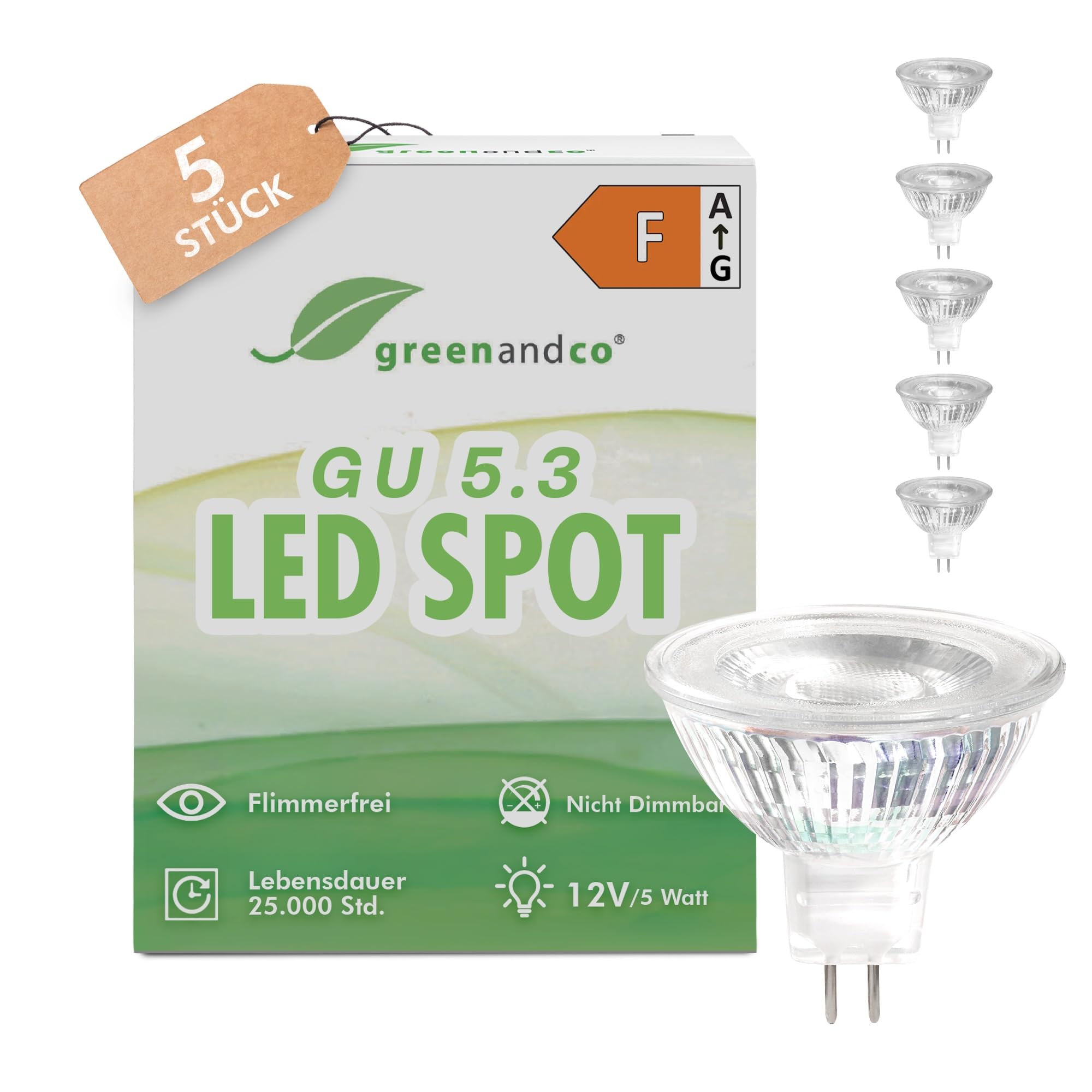 greenandco 5x MR16 GU5.3 | ersetzt 40W | warmweiß 3000K | CRI 90+ | 5W 400 lm | 38° | flimmerfrei | COB LED Spot | 12V AC/DC | nicht dimmbar