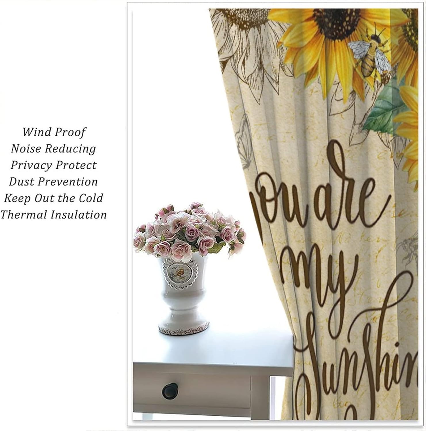 Farmhouse Sunflower Curtains,You are My Sunshine Window Drapes,Retro Rustic Country Yellow Floral Butterfly Bee Blackout Window Treatment for Kitchen Living Room Bedroom Cafe 42x45 Inch
