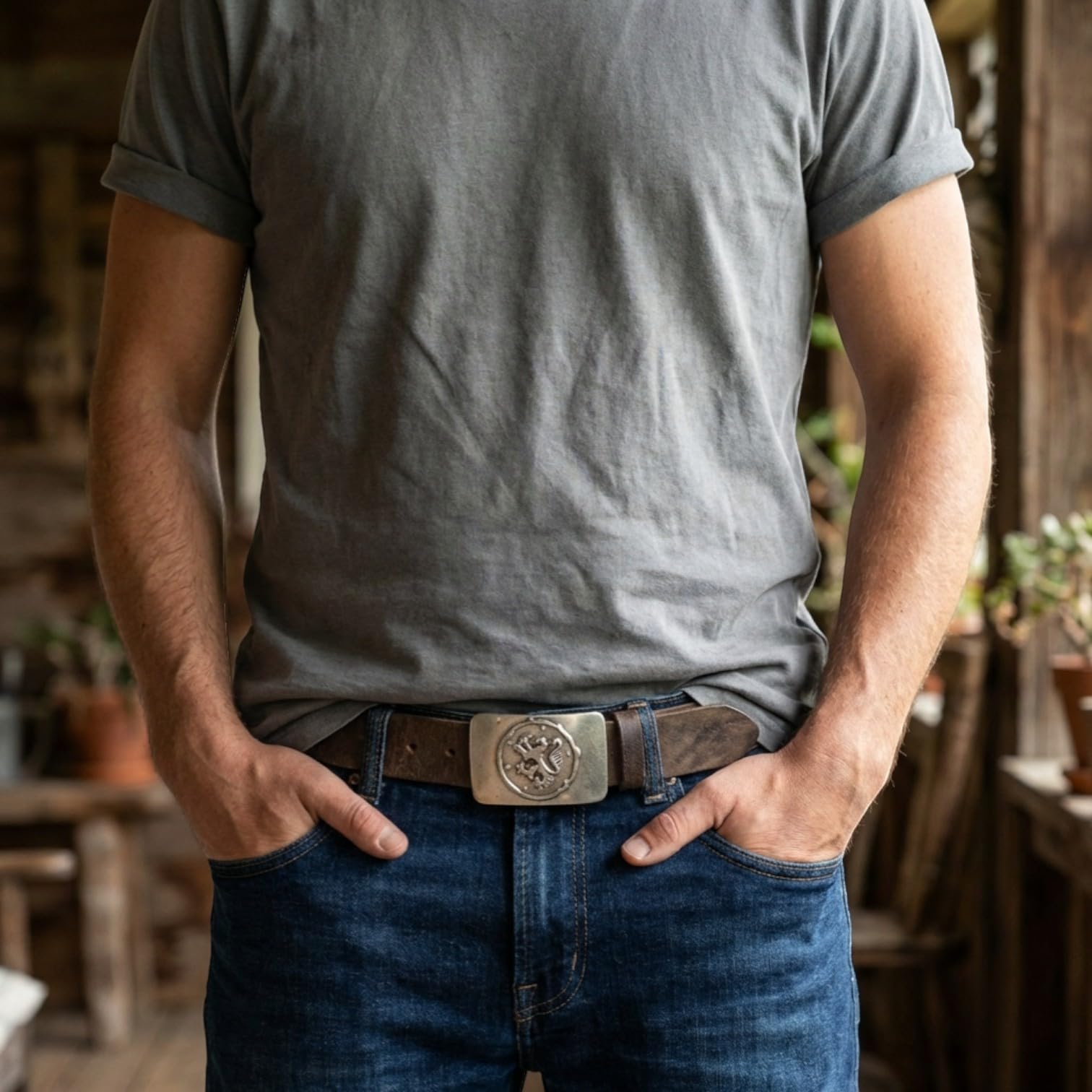 FRONHOFER Trachtengürtel Leder 4 cm mit Löwe Gürtelschnalle Antiksilber 8x5 cm Druckknopf Wechselschnalle Gürtel für Herren Lederhose und Jeans Made in Germany