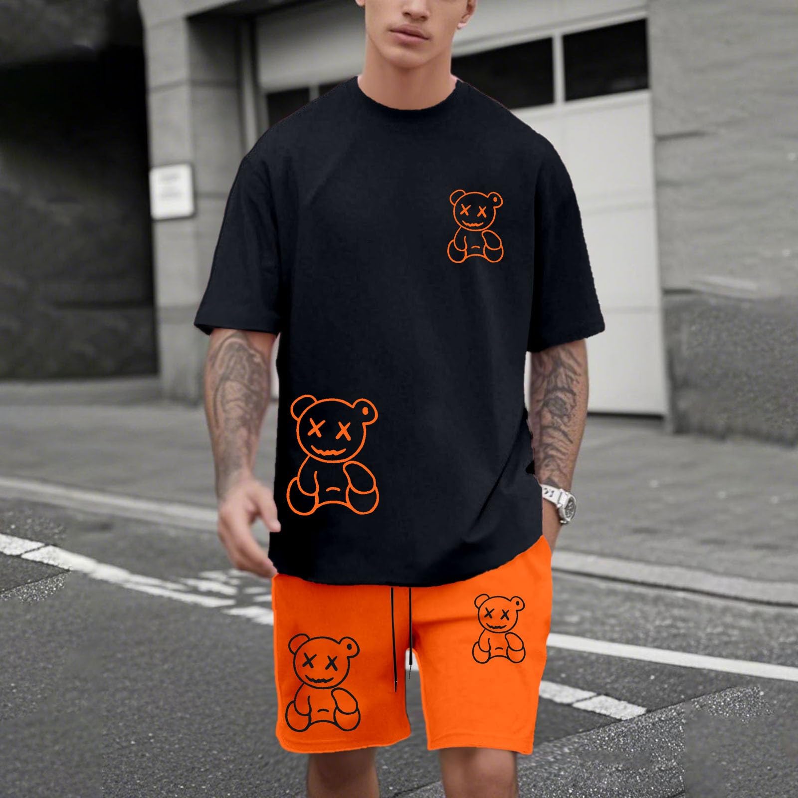 Tuta da uomo a due pezzi divertente con stampa a orsetti, pigiama estivo corto con scollo rotondo, maglietta e pantaloncini, tuta per attività all'aria aperta, stile hip hop
