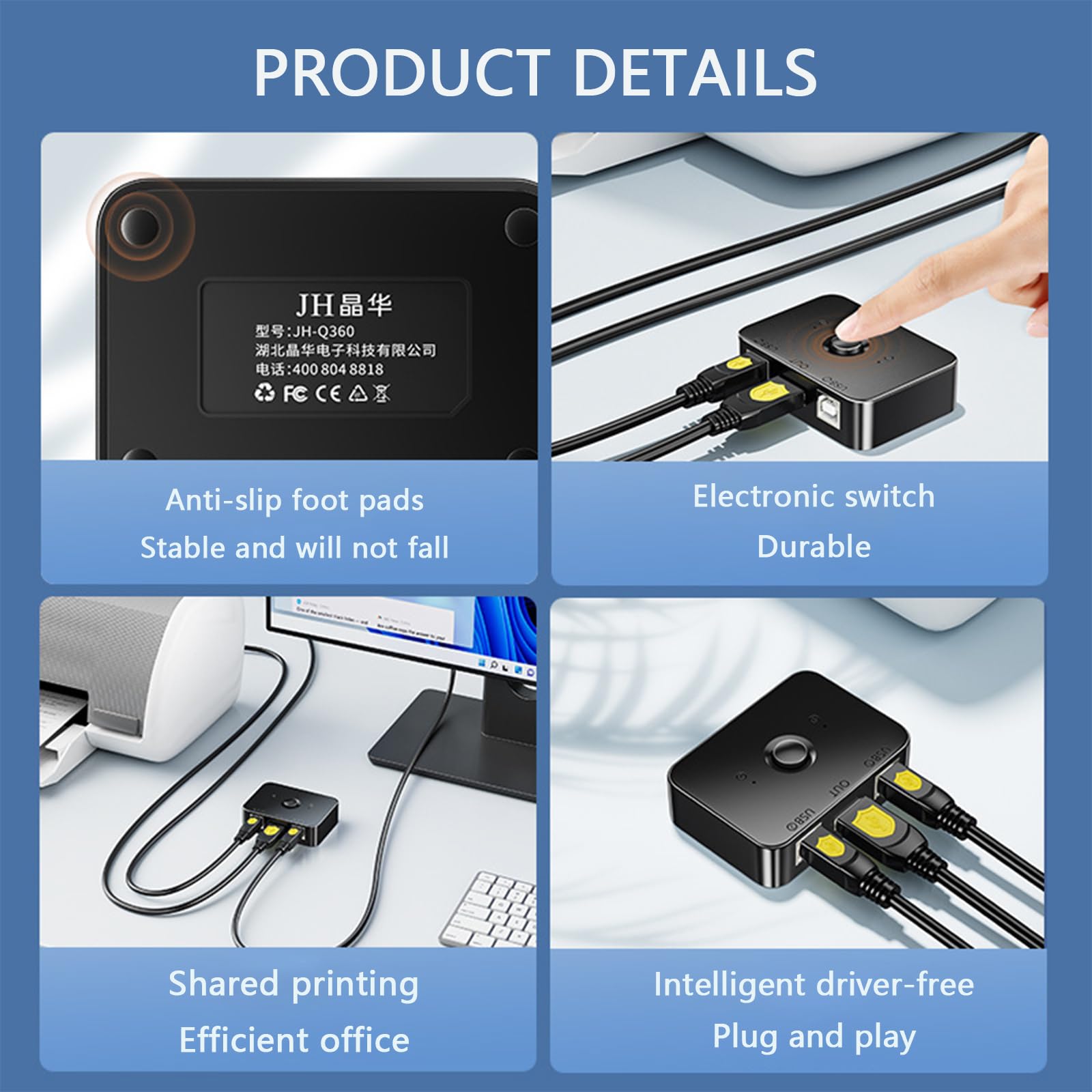 Interruttore di condivisione stampante USB 2 Porte USB B - 2 Computer Condividono 1 Stampante, 2 in 1 Uscita Print Sharer, Interruttore Manuale, con Luce LED, con 2 Cavi Stampante da 1,5 M