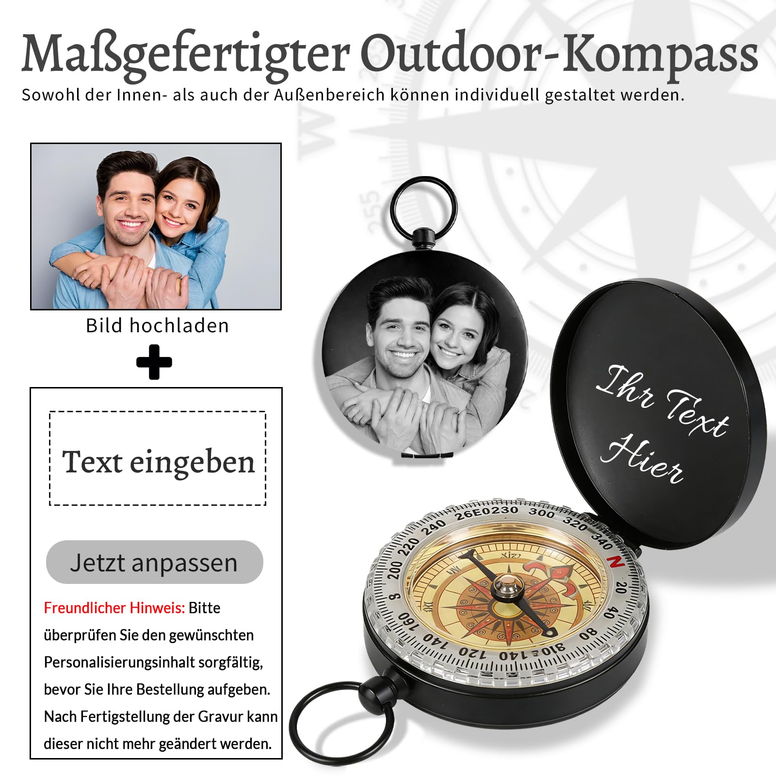 Personalisierter Kompass mit Gravur Foto Text Personalisierte Mini Kompas Schlüsselanhänger mit Leuchtziffern Geschenk für Mann Vater Freund Neffe