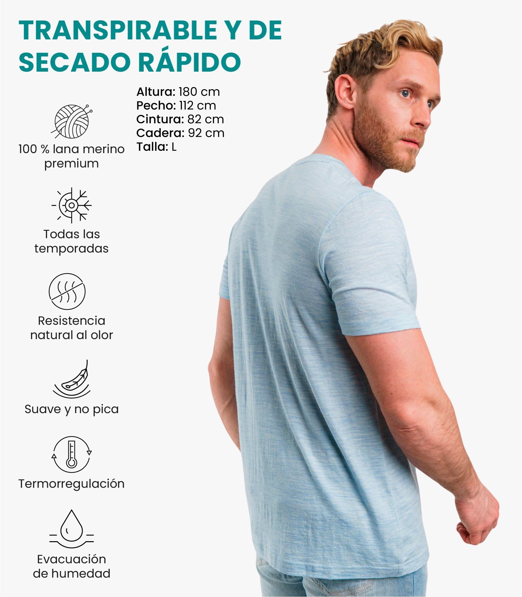 Merino.tech Camiseta Lana Merino Hombre - Camiseta Interior Hombre 100% de Lana Merino con Calcetines (Large, Arctic Blue)
