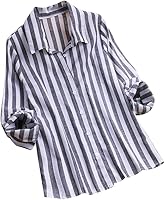JESFFER Women Ladies Long Sleeve Stripe Loose Blouse Pullover Button Tops Shirt