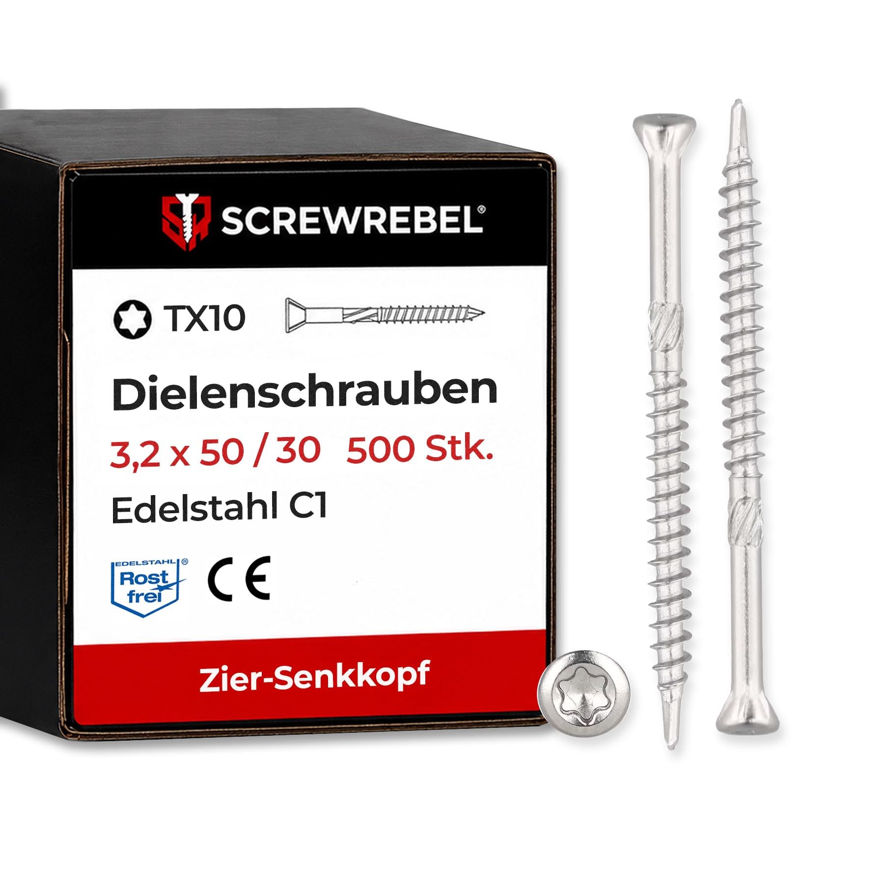 Dielenschrauben Edelstahl 3,2 x 50 mm, 500 Stück, TX10, kleiner Kopf, Teilgewinde, Bohrspitze, Reibteil