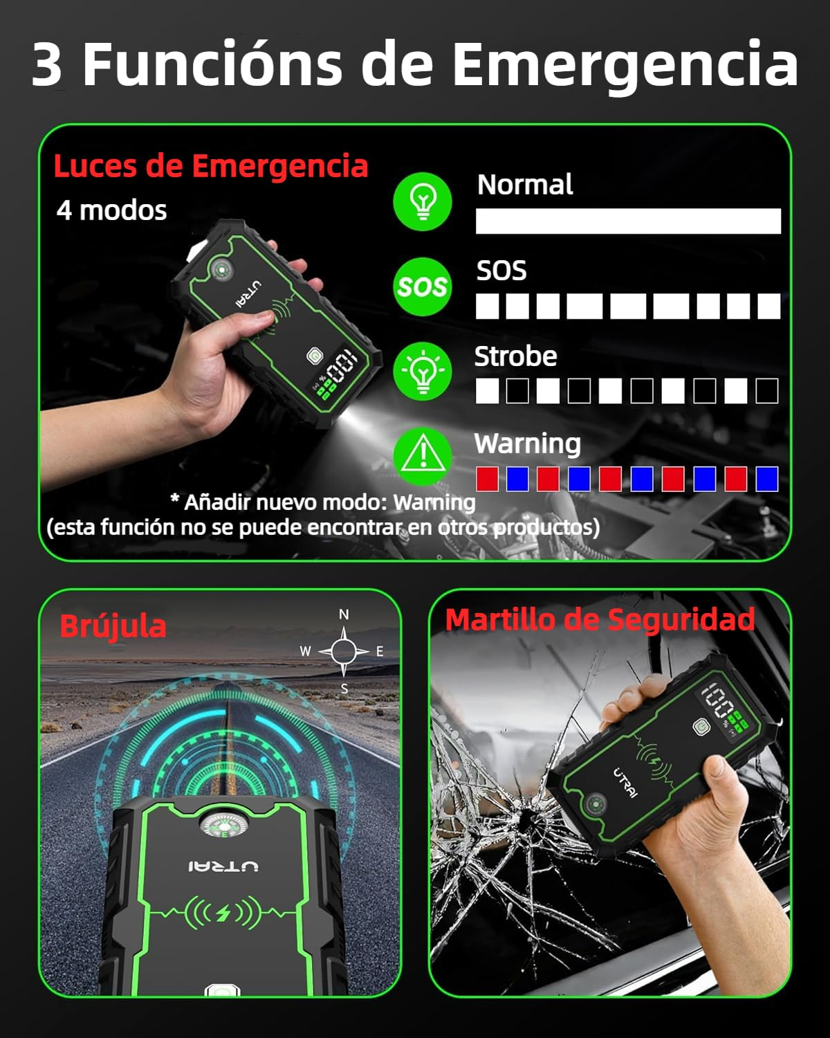 6000A 27000mAh Arrancador de Baterias de Coche con Brújula,Martillo de Seguridad,Carga inalámbrica de 10,Linterna LED,UTRAI 12V Arrancador de Coches Portátil para Todo de Gasolina o 10L de Diésel