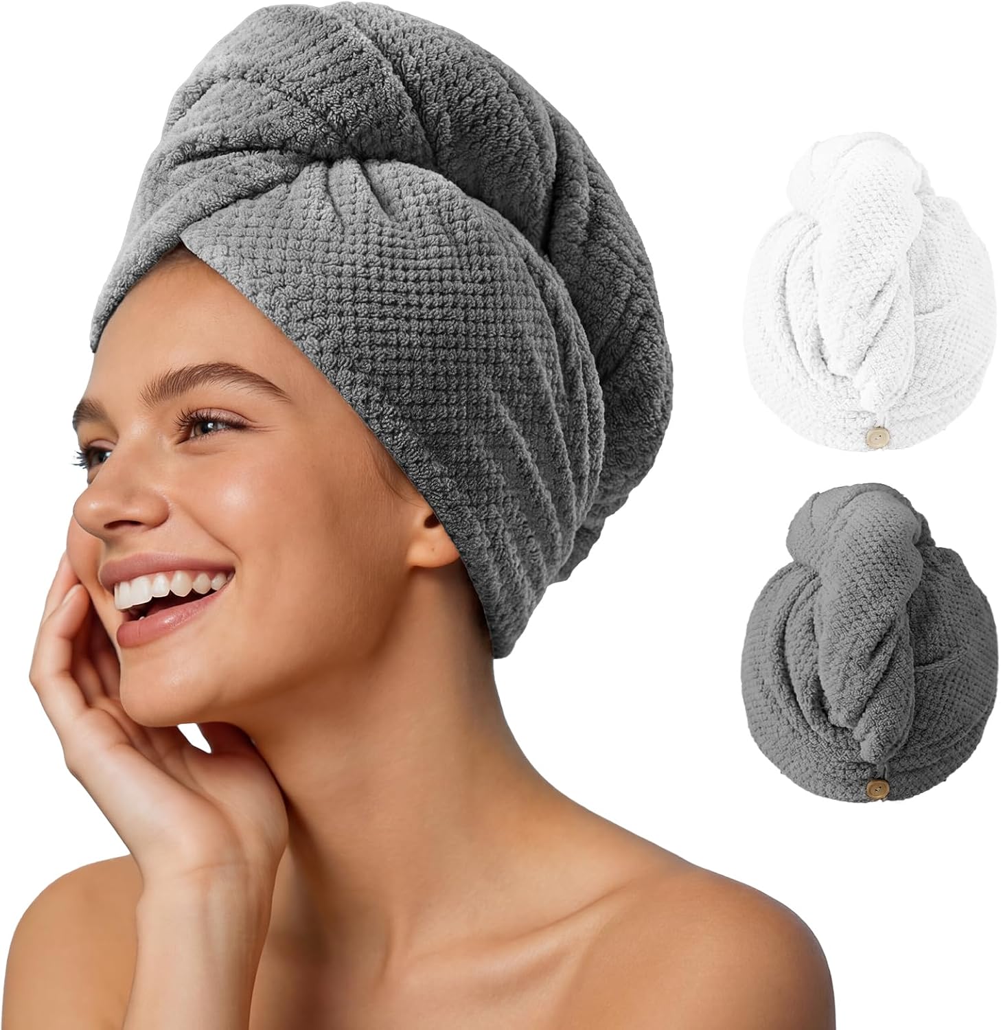 Umisleep 2 Pack Microfiber Hair Towel Wrap for Women, 400 GSM Thick & Soft Hair Drying Towels, Super Absorbent Hair Turban with Button Loop for Curly, Wavy & Wet Hair (Grey, White)