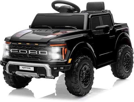 12V Ride on Car Licensed Ford F-150 Raptor, Kids Electric Car with Remote Control, LED Light/Music/MP3, Truck Bed Storage, 3-Point Seat Belt Black