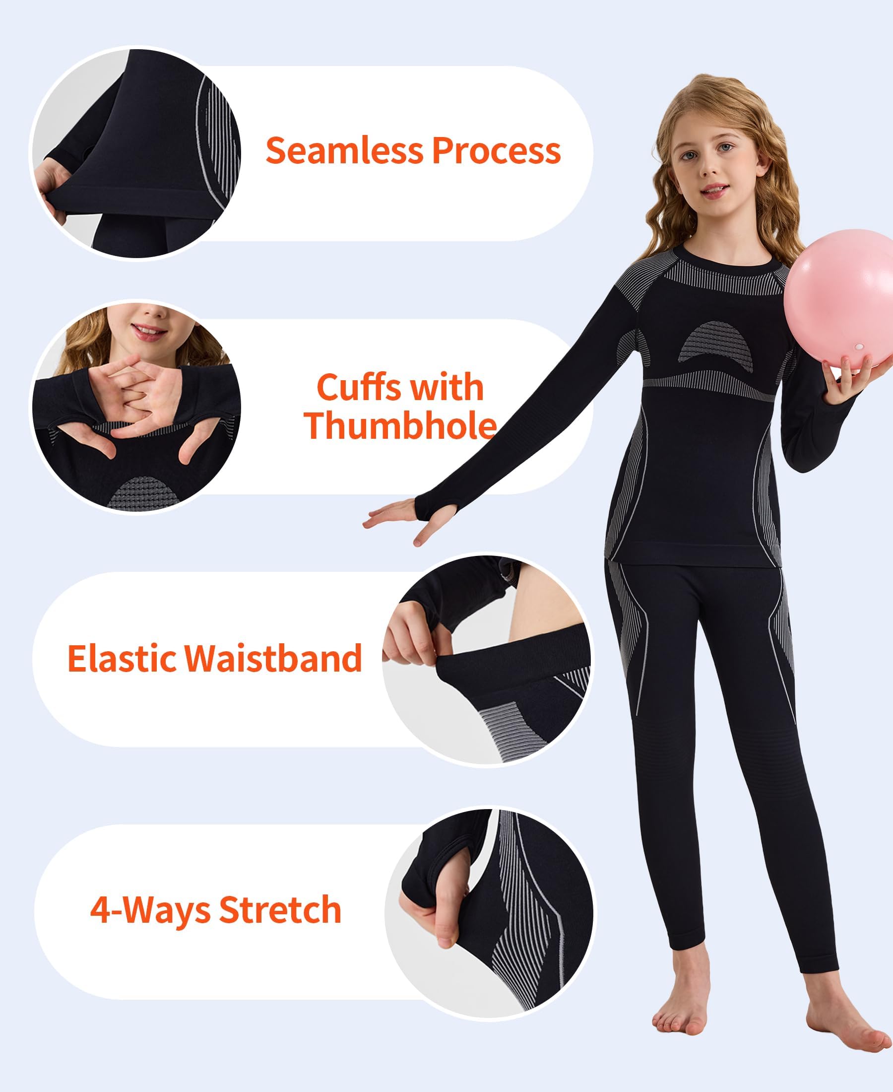 beautyin Ropa interior térmica sin costuras para niños, atlética, capa base larga, para niñas y niños, con agujero para el pulgar