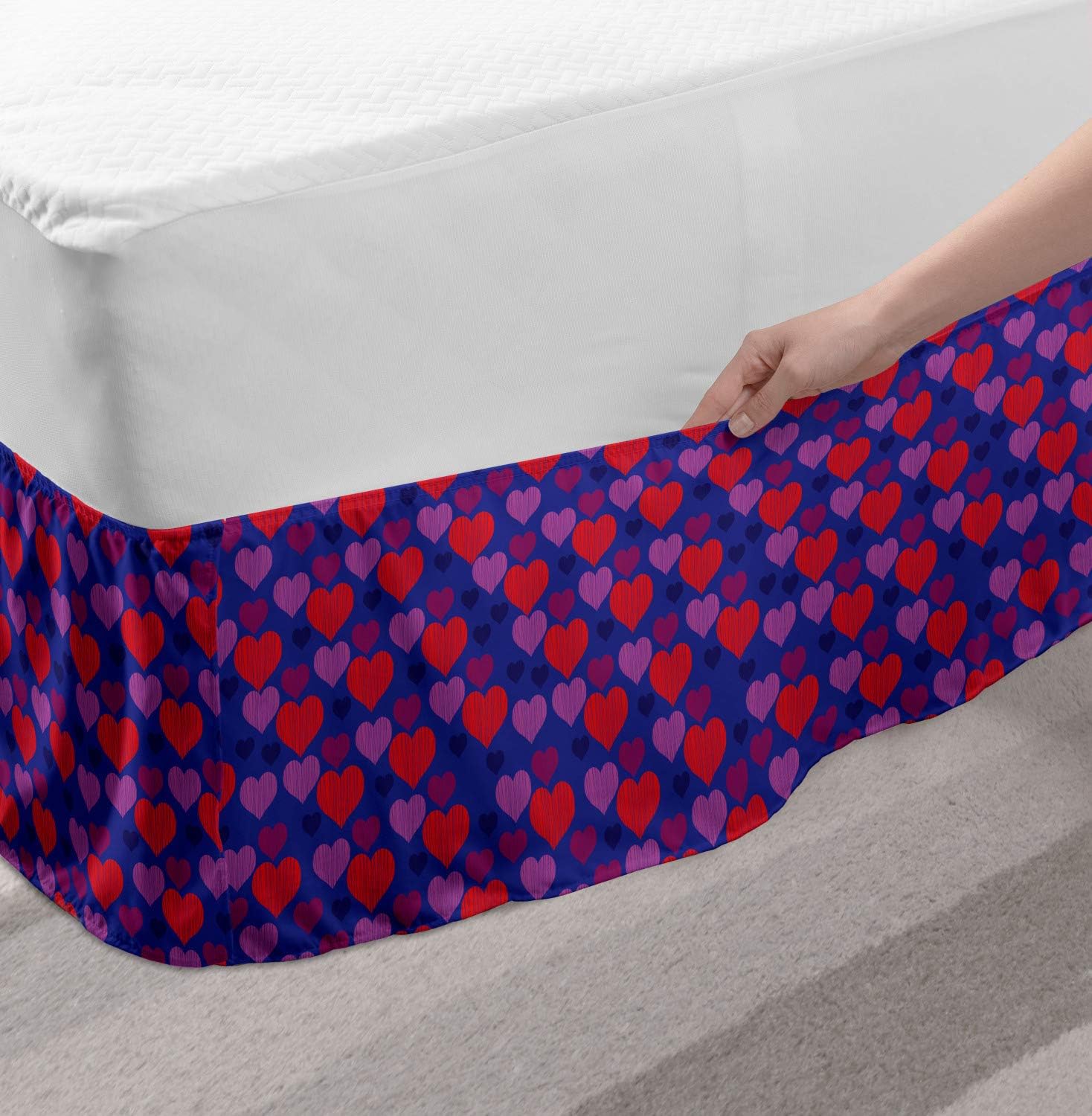 Lunarable Valentine's Day Bed Skirt, Graphic Illustration of Heart Love Shapes Grungy Sketching, Elastic Bedskirt Dust Ruffle Wrap Around for Bedding Decor, Twin/Twin XL, Violet Blue and Multicolor