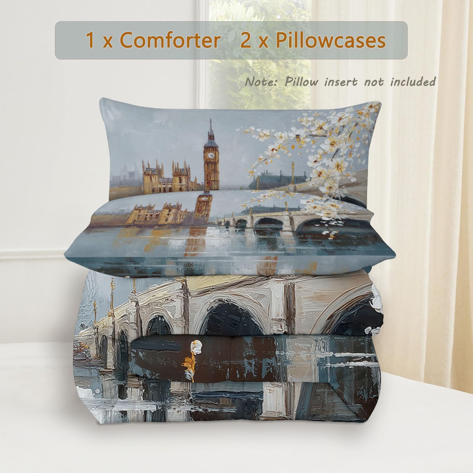 Piumino Reversibile 200x200 cm - Architettura Astratta Ponte - Per l'autunno e l'inverno e per le camere con temperature medie - Tocco Piuma, Caldo, Traspirante, Fiori Bianchi