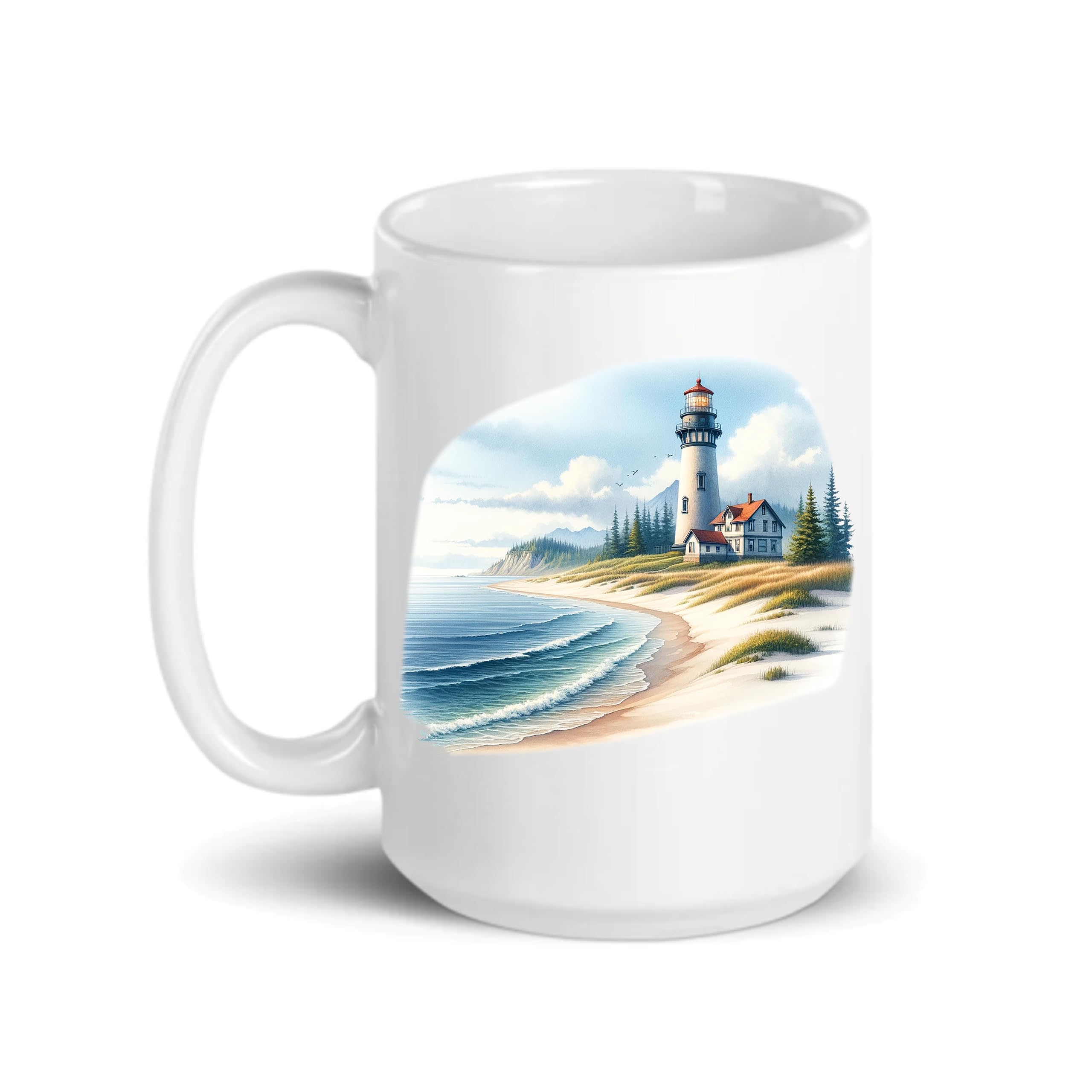 C M Lighthouse Beach Themed Ocean Lover Ceramic 15oz Coffee Mug - Nautical Themed Gift for Men and Women (Style L1)
