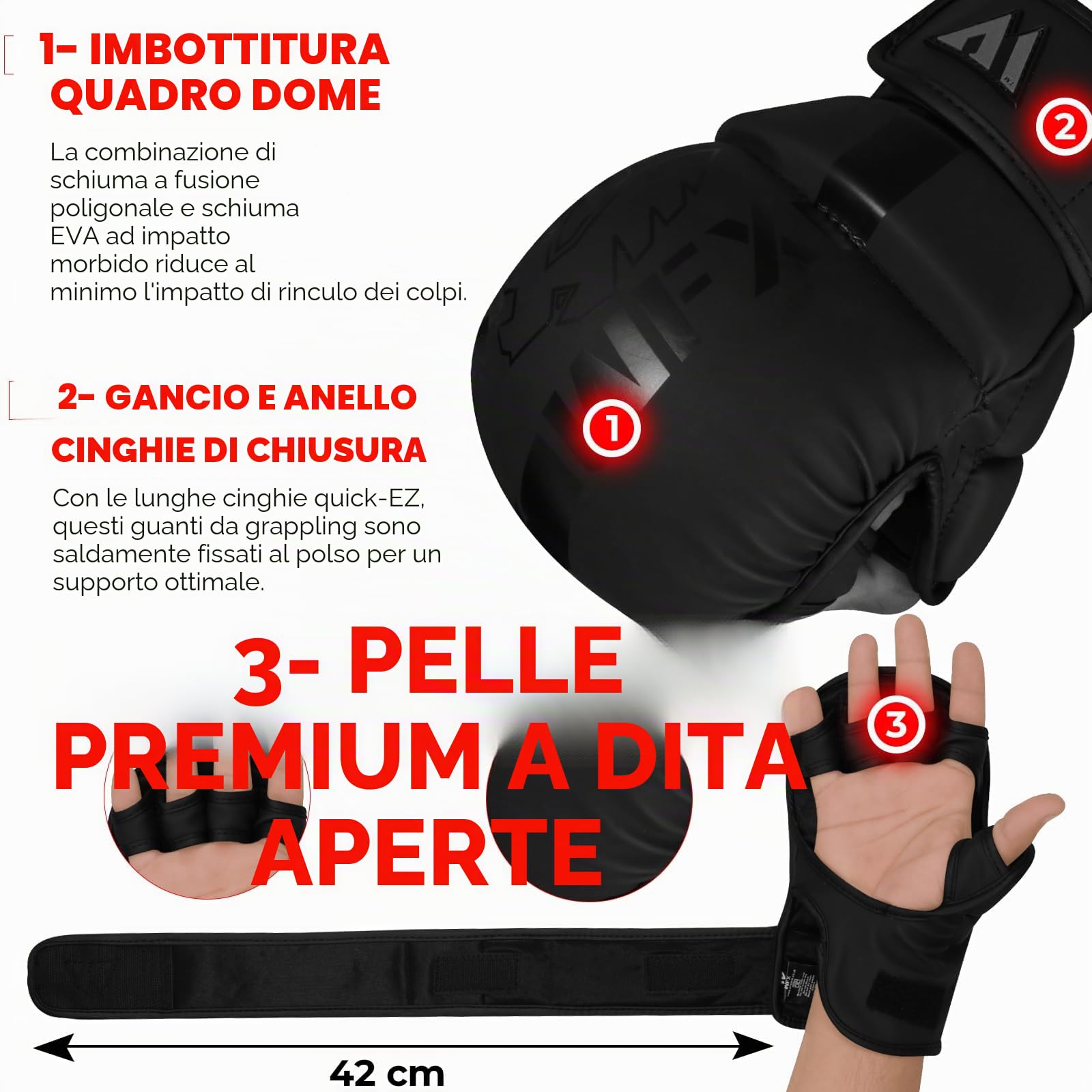 WFX Guanti per arti marziali, arti marziali, sparring, grappling, muay thai, gabbia combattimento, palmo aperto, supporto per il polso, regolabile, boxe, allenamento, combattimento, sport, sacco da