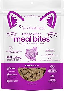 Freeze-Dried Raw Cat Food, Shelf Stable Food Bites, Turkey Recipe, High Protein Meal or Topper for Cats, Humanely Raised Meat, Organic, Non-GMO Produce, Made in The USA, 10oz Bag
