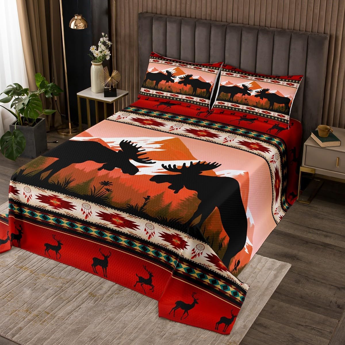 Deer Hunter Quilt Set King Southwestern Native Aztec Western Bedspread Set,Bohemian Dreamcatcher Coverlet Set Moose Reindeer Indian Tribal Geometric Bedding Set,Country Farmhouse Rustic Room Decor