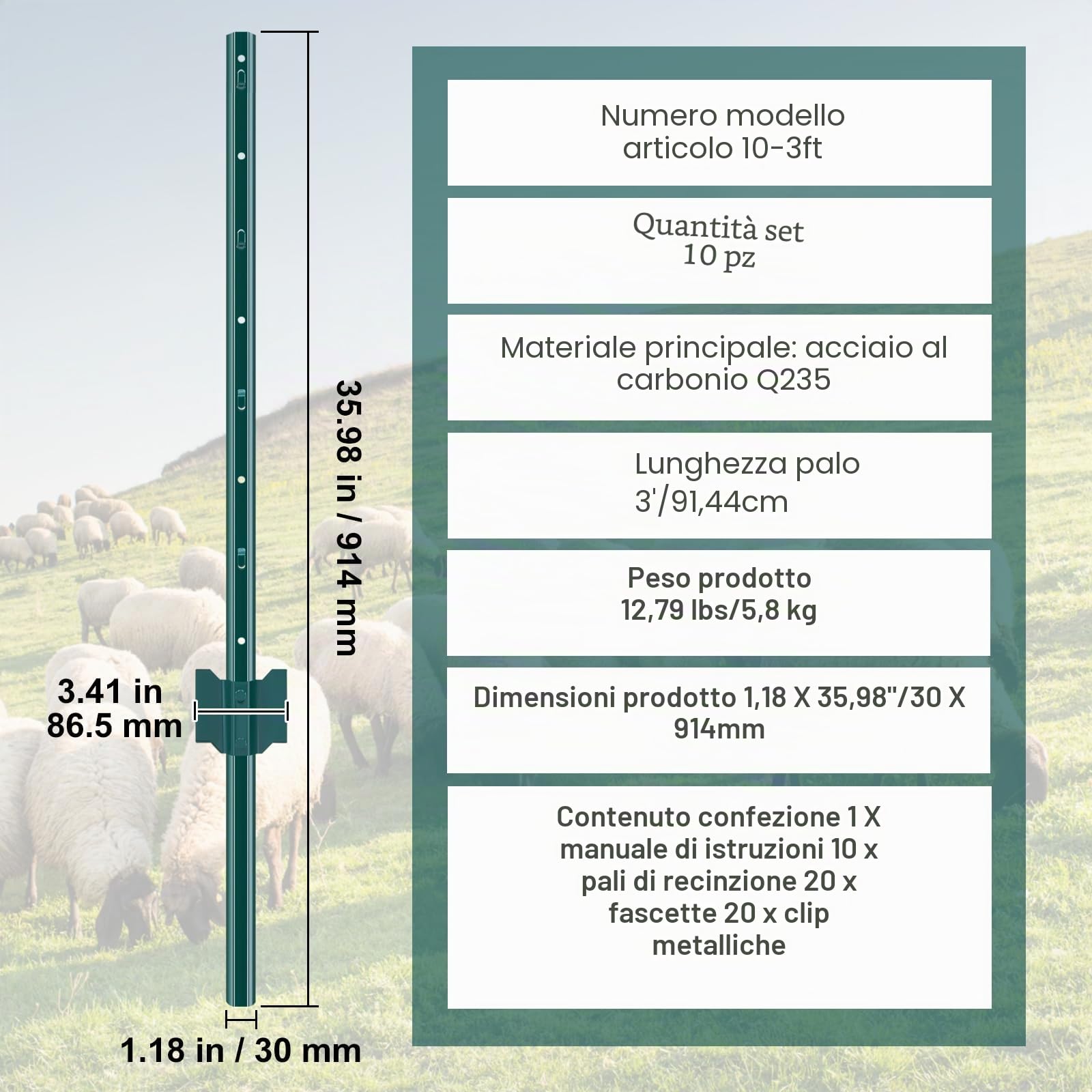 VEVOR Pali per Recinzione in Metallo 91,44 cm, 10 Pali a T Resistenti e Pesanti, Acciaio Robusto per Prato, Fattorie e Recinzioni a Catena per Esterni, Verde