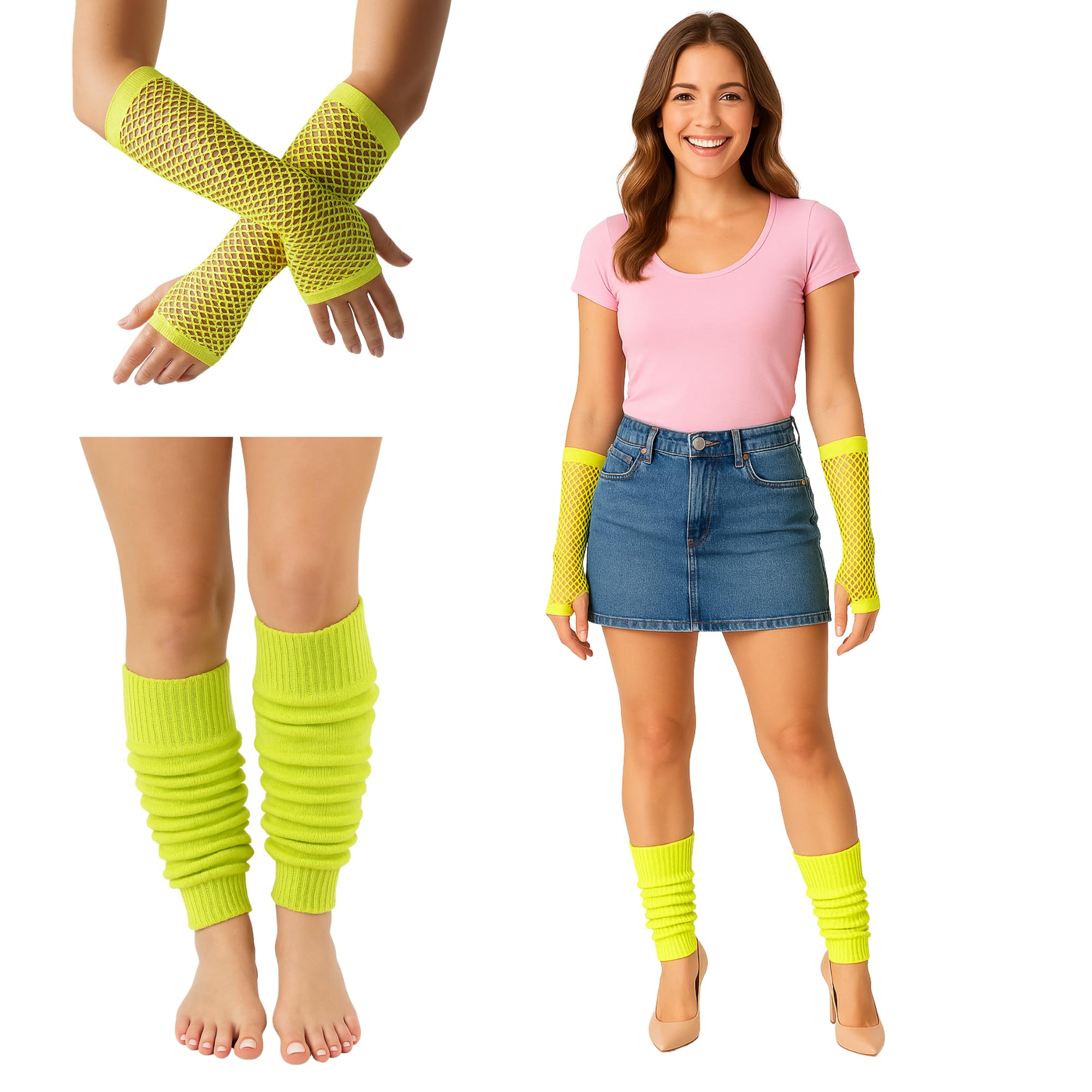 Fna Fashions Women's Yellow Neon Long Fishnet Gloves And Leg Warmers Fancy Hen Night 80’S Party Novelty Dress (, One Size)