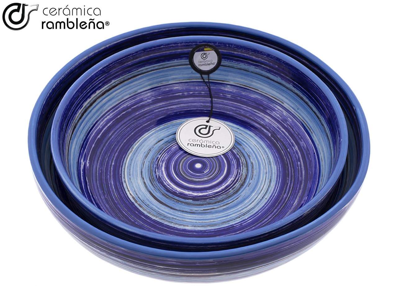 CERAMICA RAMBLEÑA | Ceramiczna salaterka | Oryginalne salaterki | Zestaw x2 Salaterki Dekoracja Tęcza Niebieski - Model 26 | 100% ręcznie robiona dekoracja | 23x23x5.5 cm + 27x27x7 cm